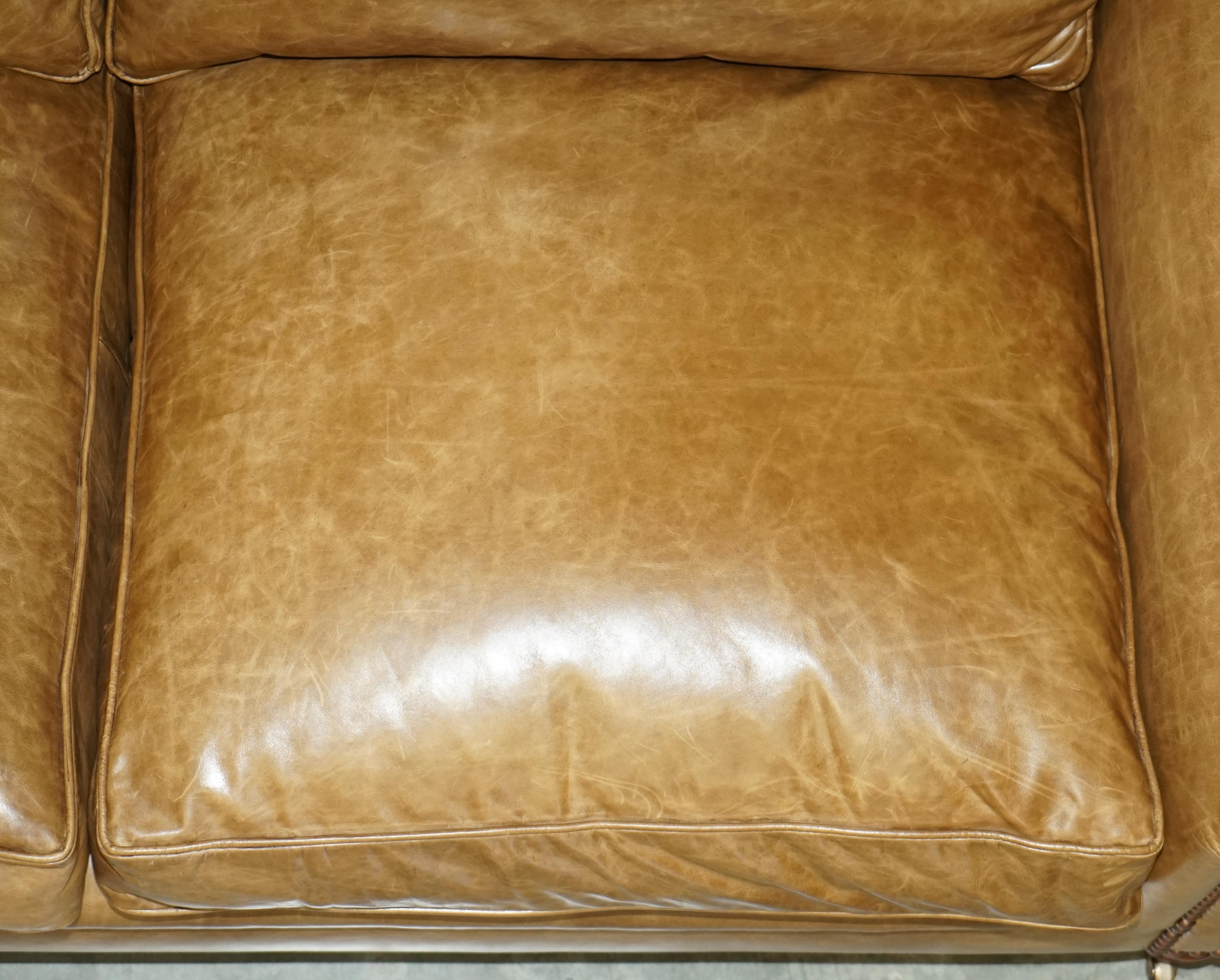 1 OF 2 GEORGE SMITH FULL SCROLL ARM CUSHiON BACK BROWN LEATHER SOFA For Sale 7