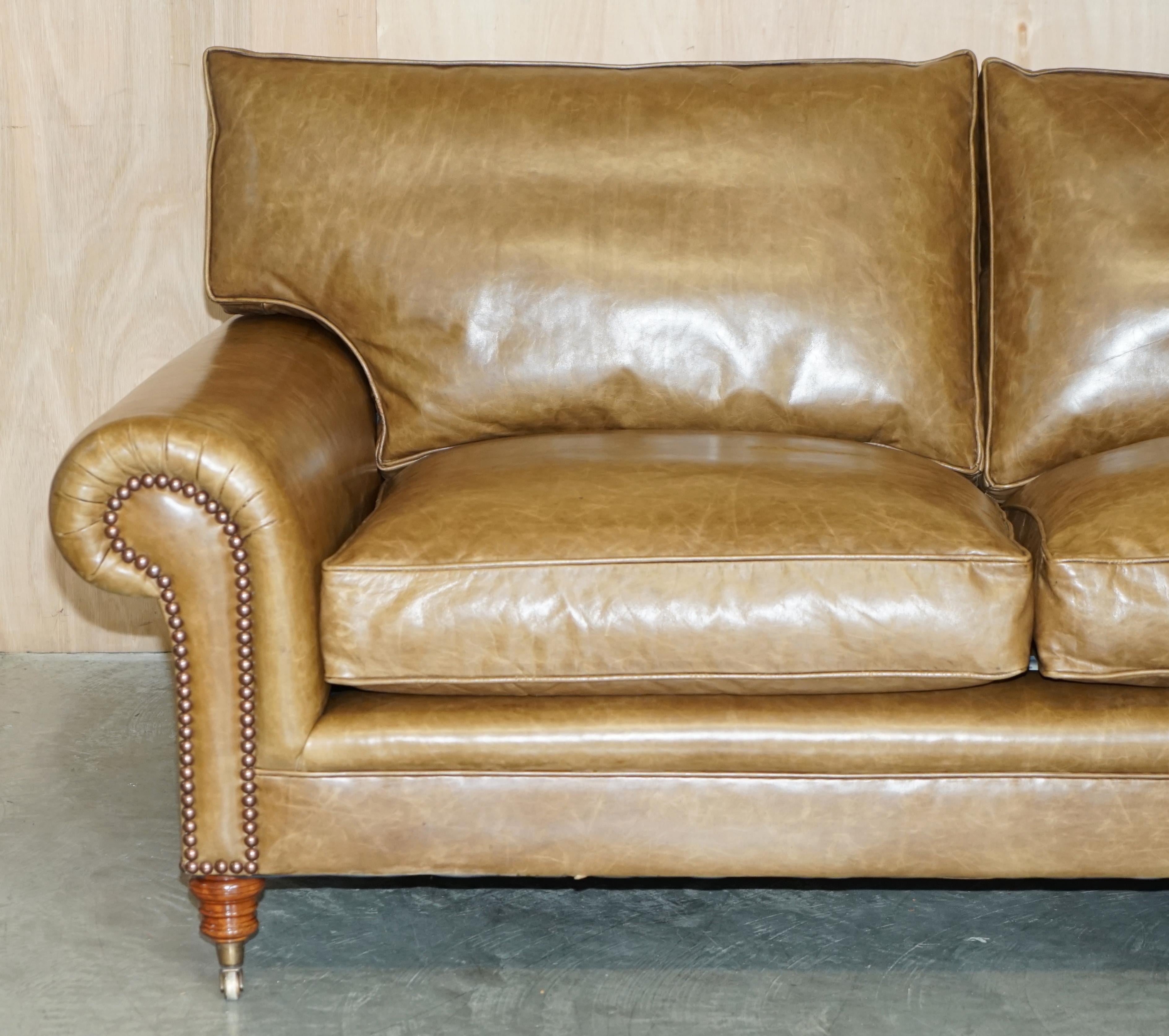 Art Deco 1 OF 2 GEORGE SMITH FULL SCROLL ARM CUSHiON BACK BROWN LEATHER SOFA For Sale
