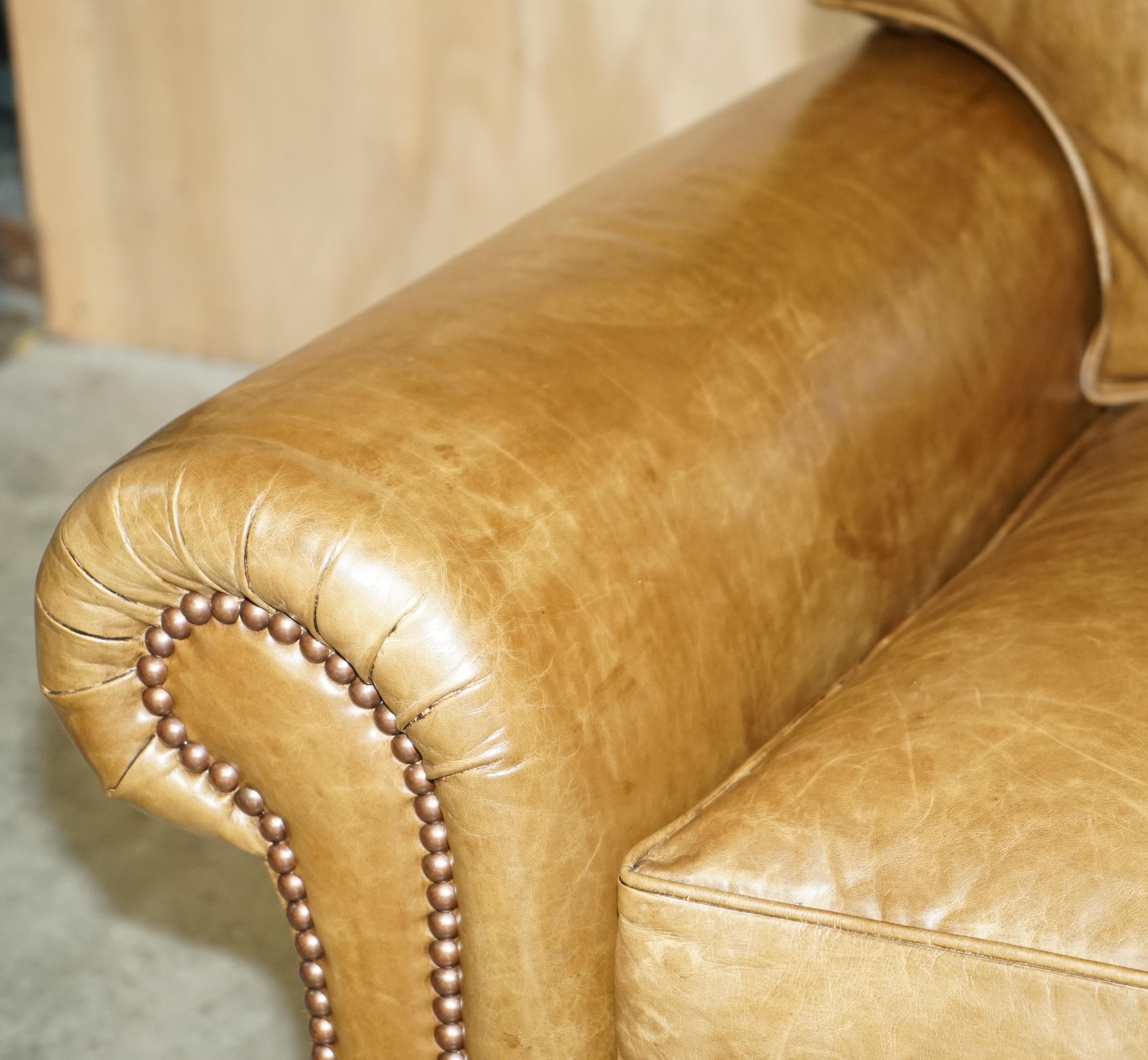 Hand-Crafted 1 OF 2 GEORGE SMITH FULL SCROLL ARM CUSHiON BACK BROWN LEATHER SOFA For Sale