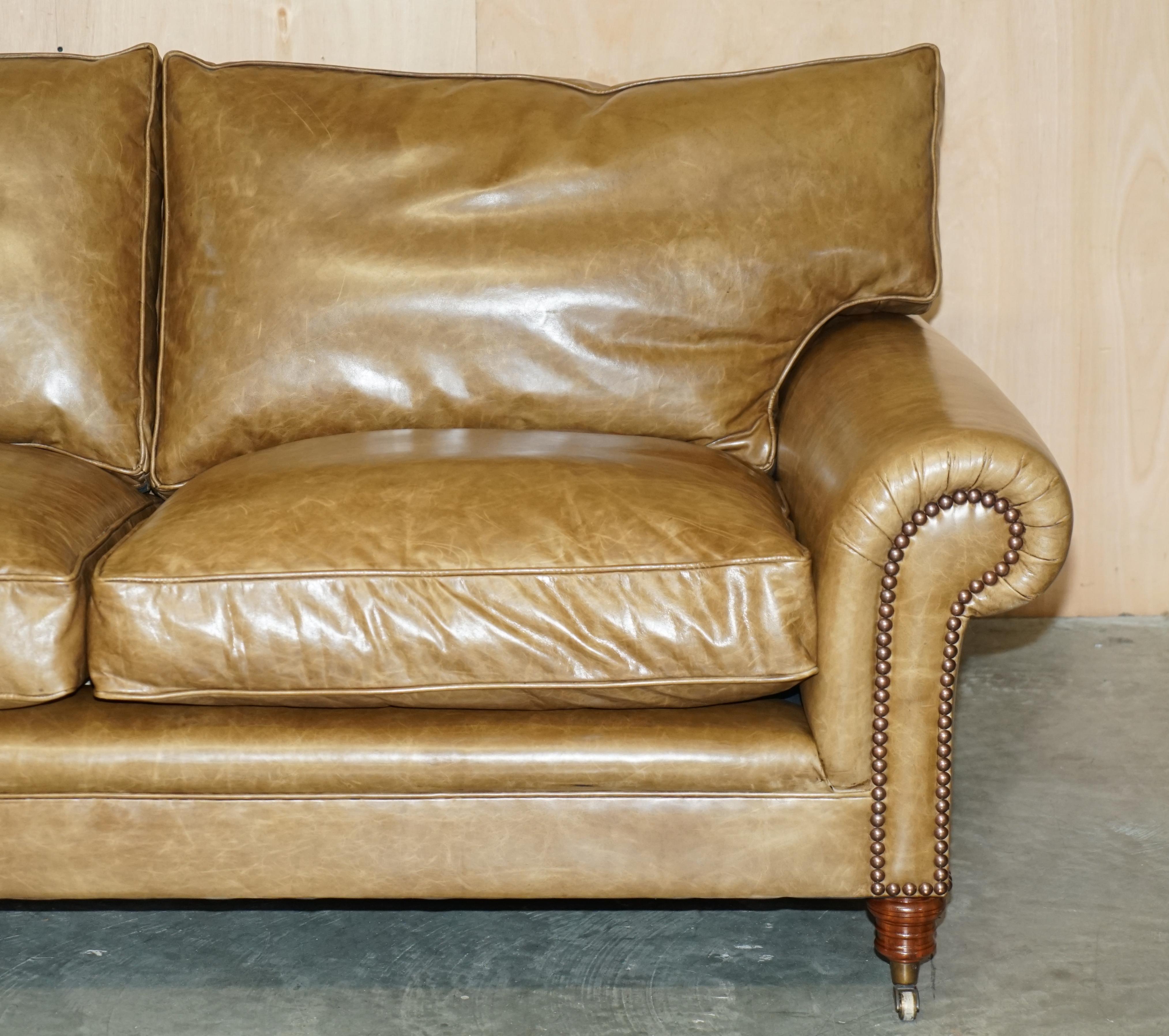 Leather 1 OF 2 GEORGE SMITH FULL SCROLL ARM CUSHiON BACK BROWN LEATHER SOFA For Sale
