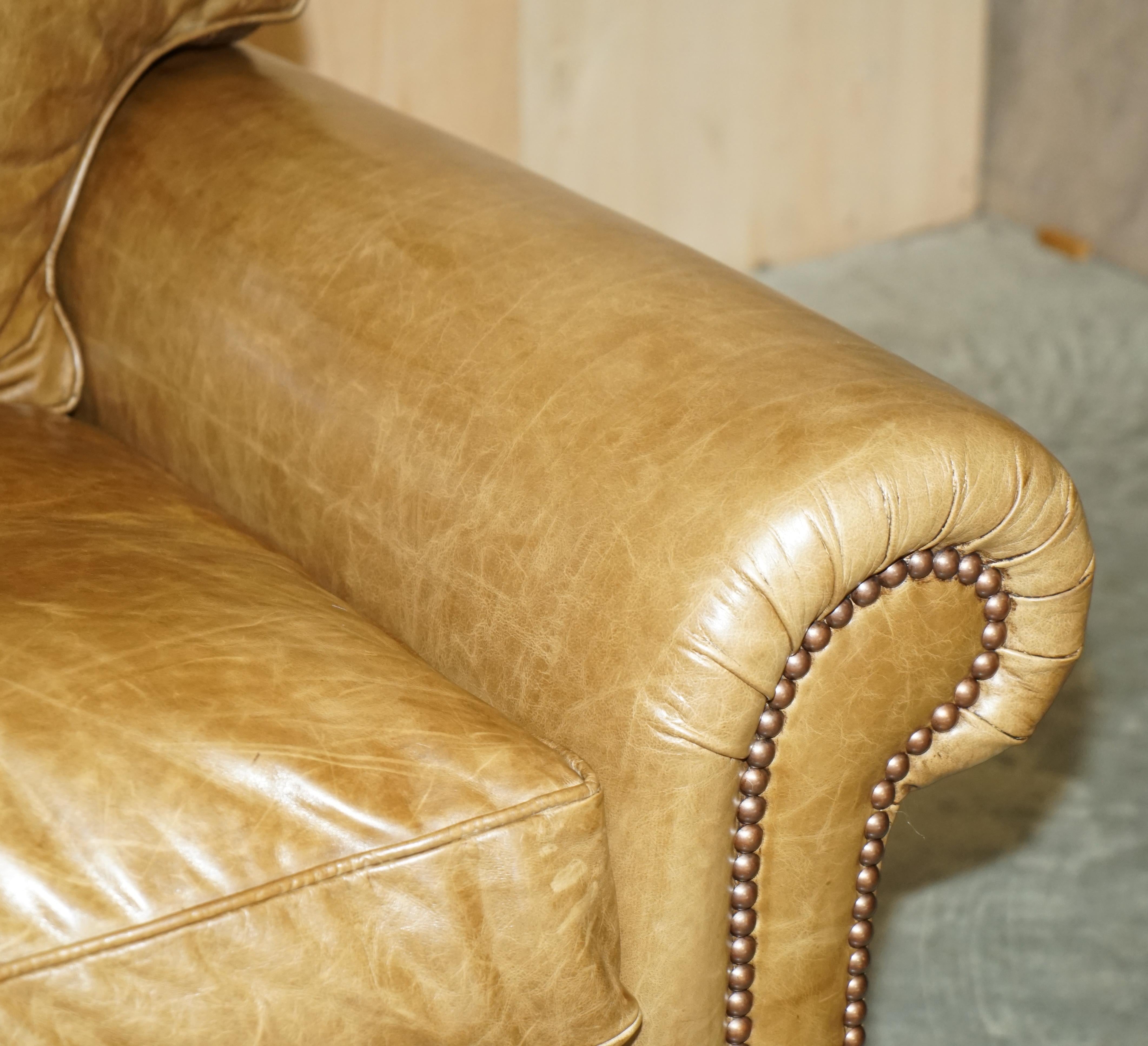 1 OF 2 GEORGE SMITH FULL SCROLL ARM CUSHiON BACK BROWN LEATHER SOFA 1