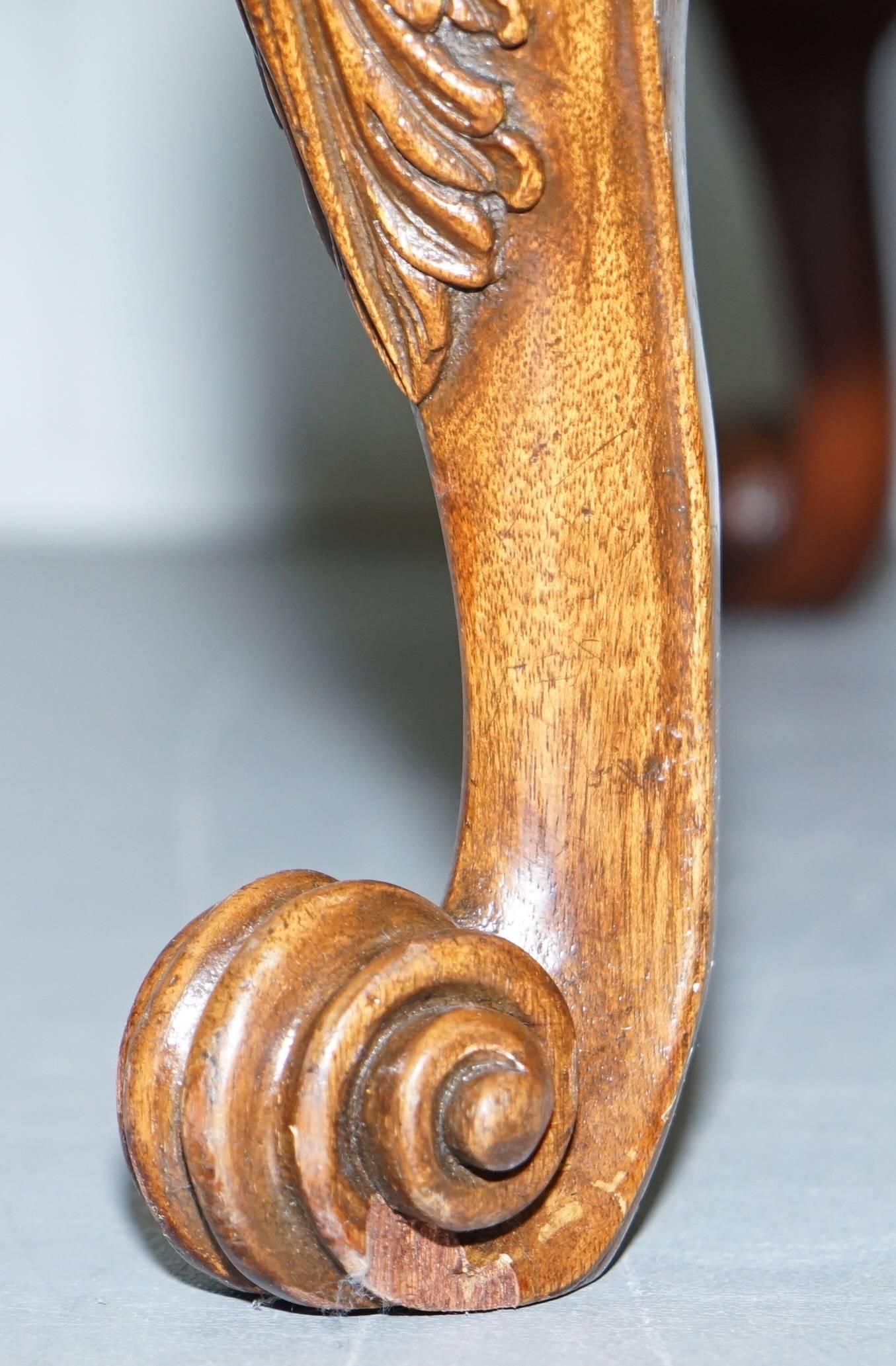 Hand-Carved 1 of 2 Georgian Walnut Irish Hump Camel Back Sofas Highly Carved Oversized Legs