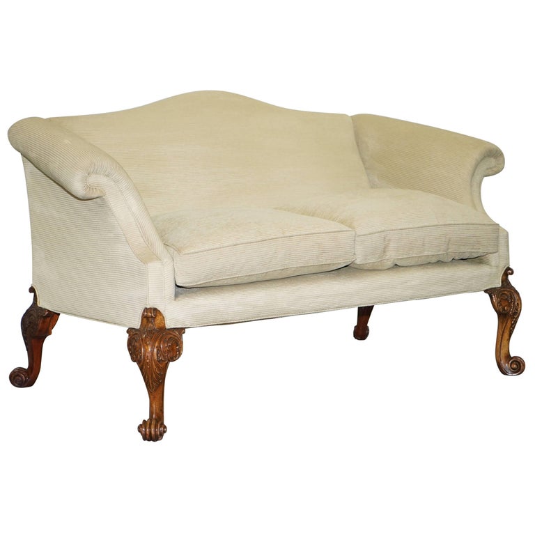 1 of 2 Walnut Irish Hump Camel Back Sofas Highly Carved Oversized Legs at 1stDibs