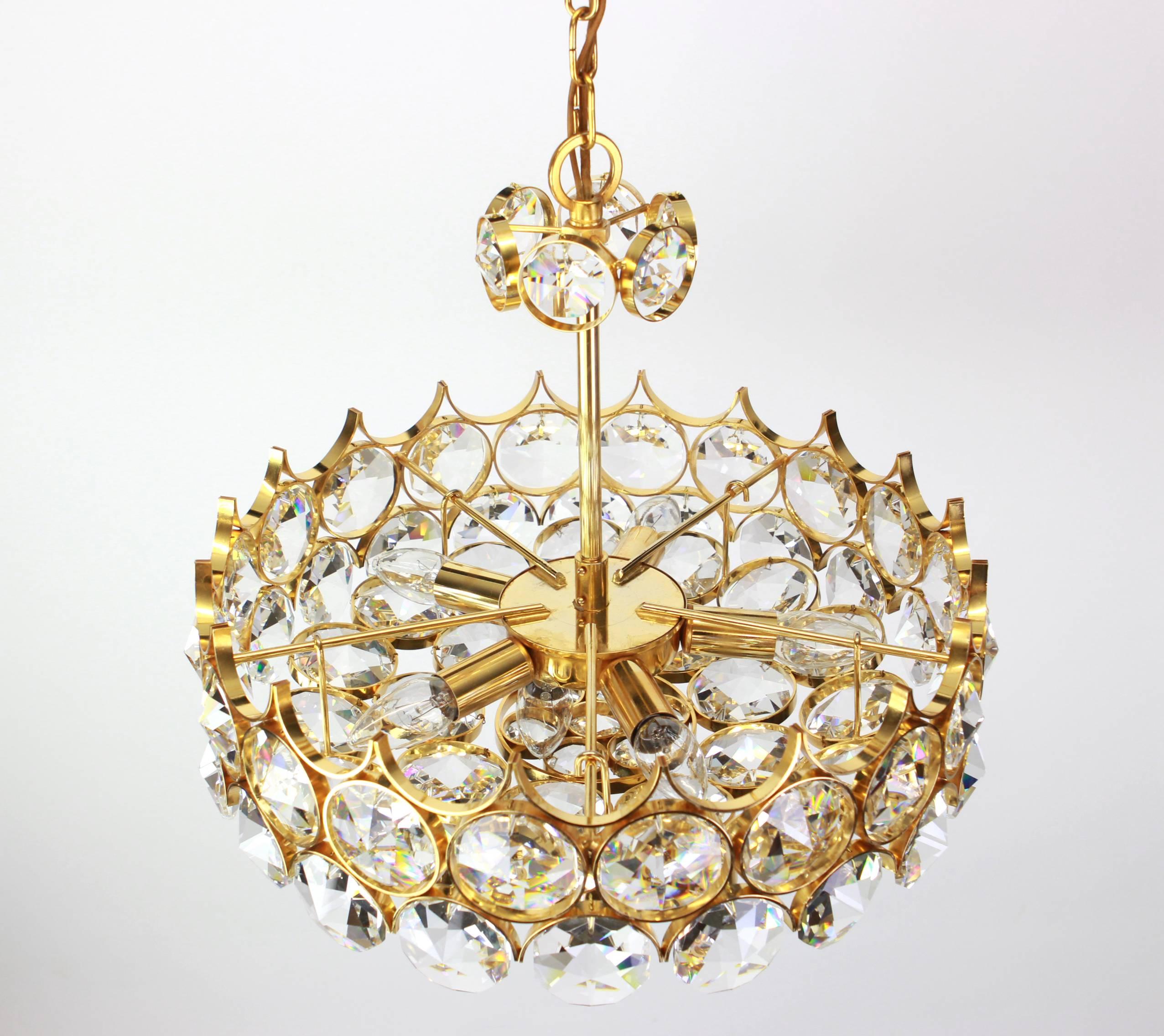 1 of 2 Gilt Brass and Crystal Glass Chandeliers by Palwa, Germany, 1970s 4