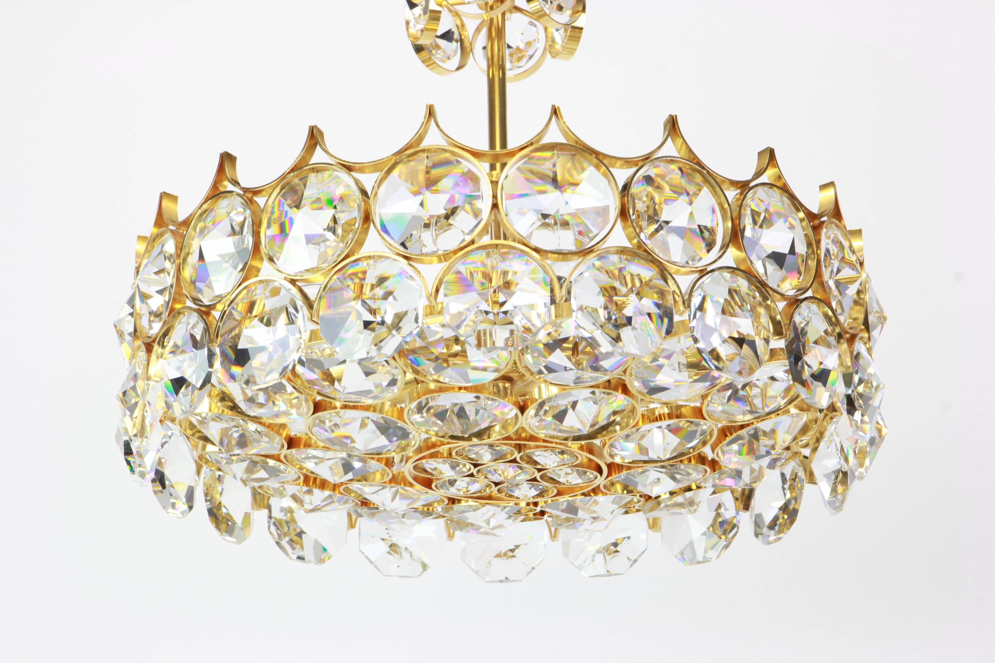 Mid-Century Modern 1 of 2 Gilt Brass and Crystal Glass Chandeliers by Palwa, Germany, 1970s
