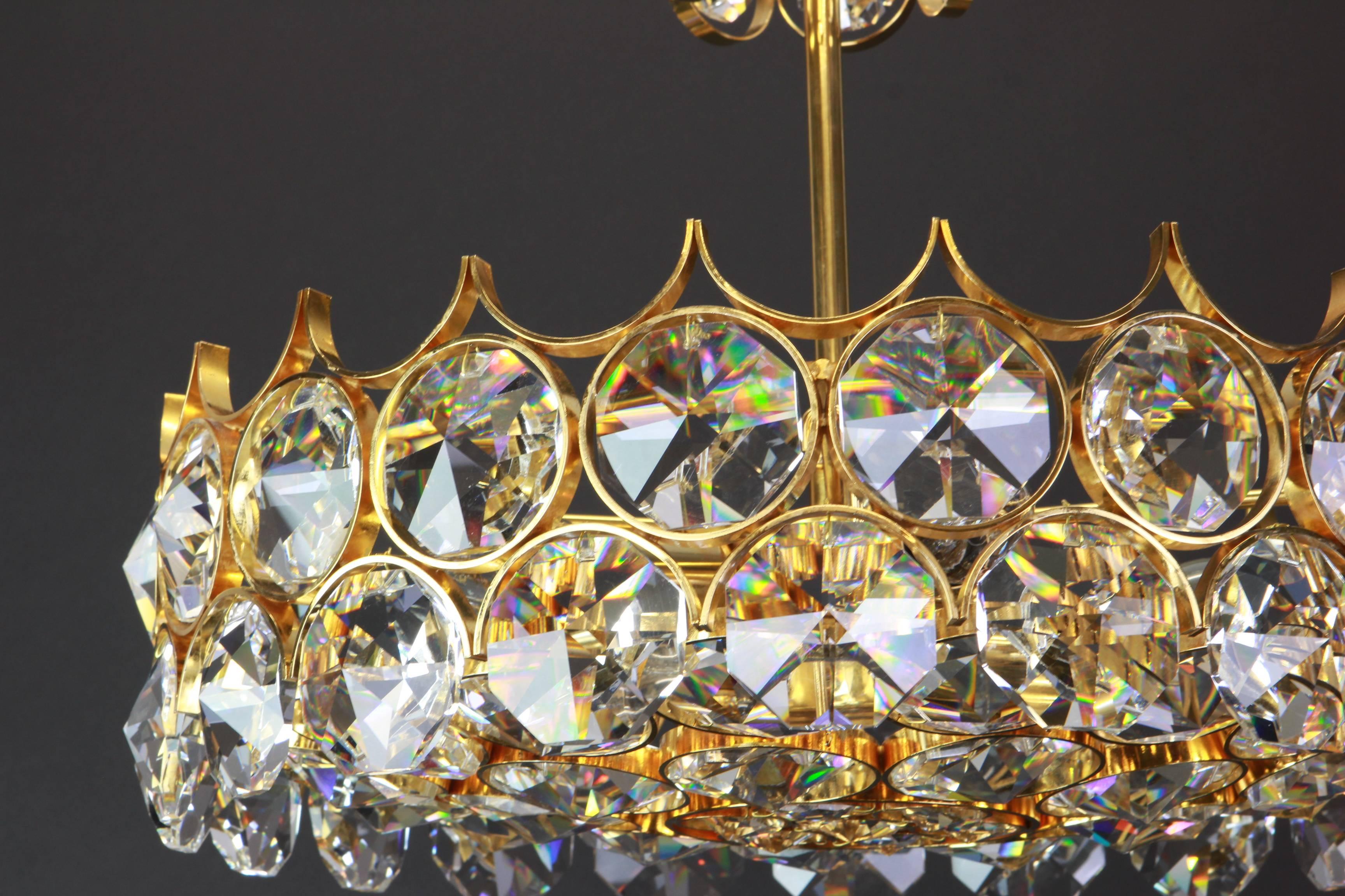 1 of 2 Gilt Brass and Crystal Glass Chandeliers by Palwa, Germany, 1970s 1