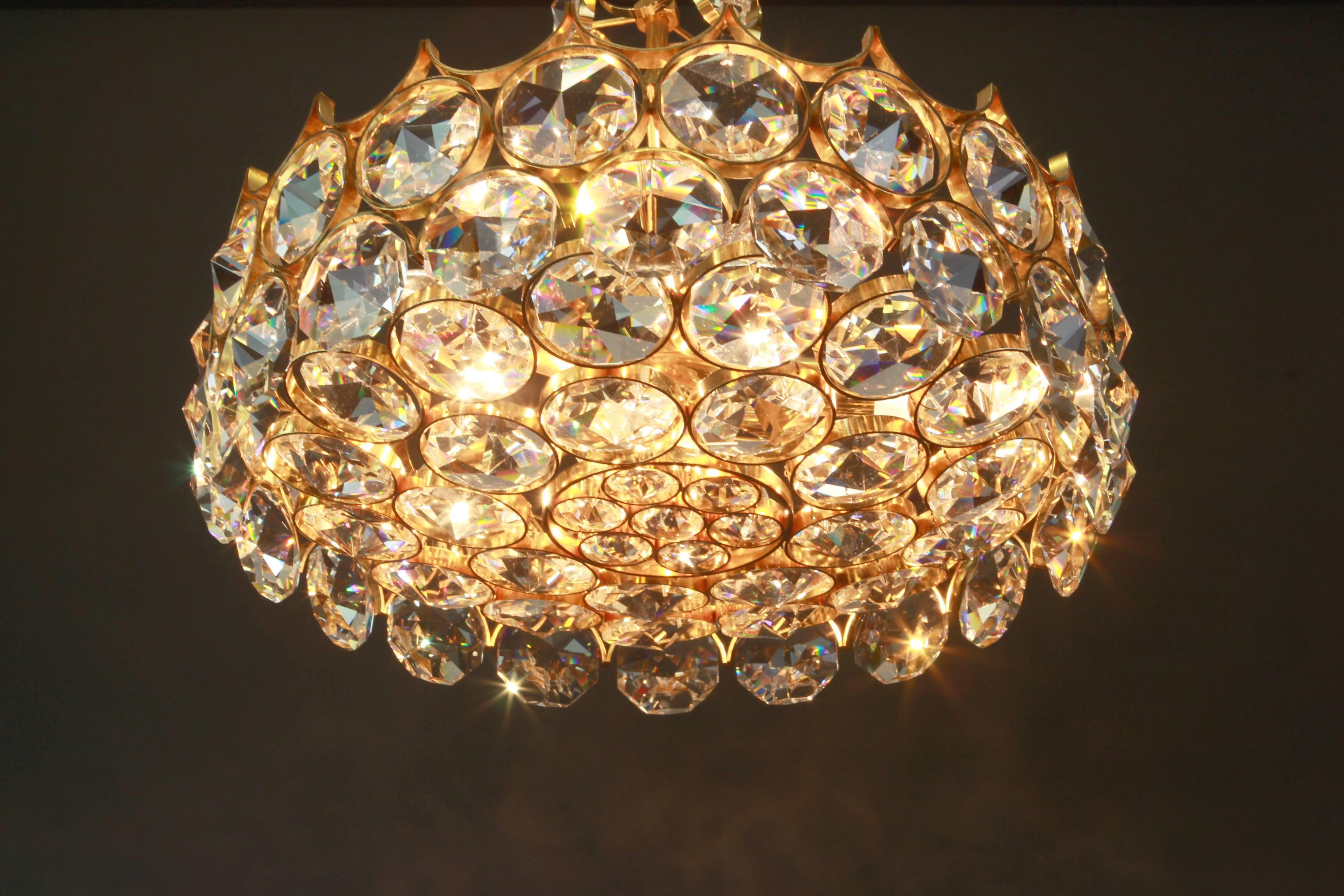 1 of 2 Gilt Brass and Crystal Glass Chandeliers by Palwa, Germany, 1970s 2