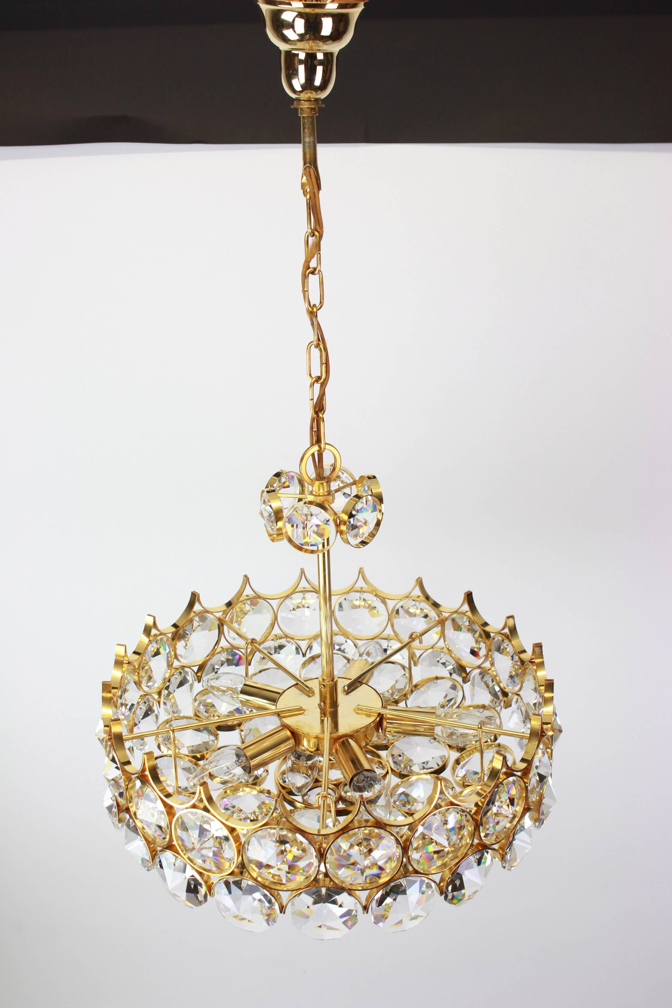1 of 2 Gilt Brass and Crystal Glass Chandeliers by Palwa, Germany, 1970s 3