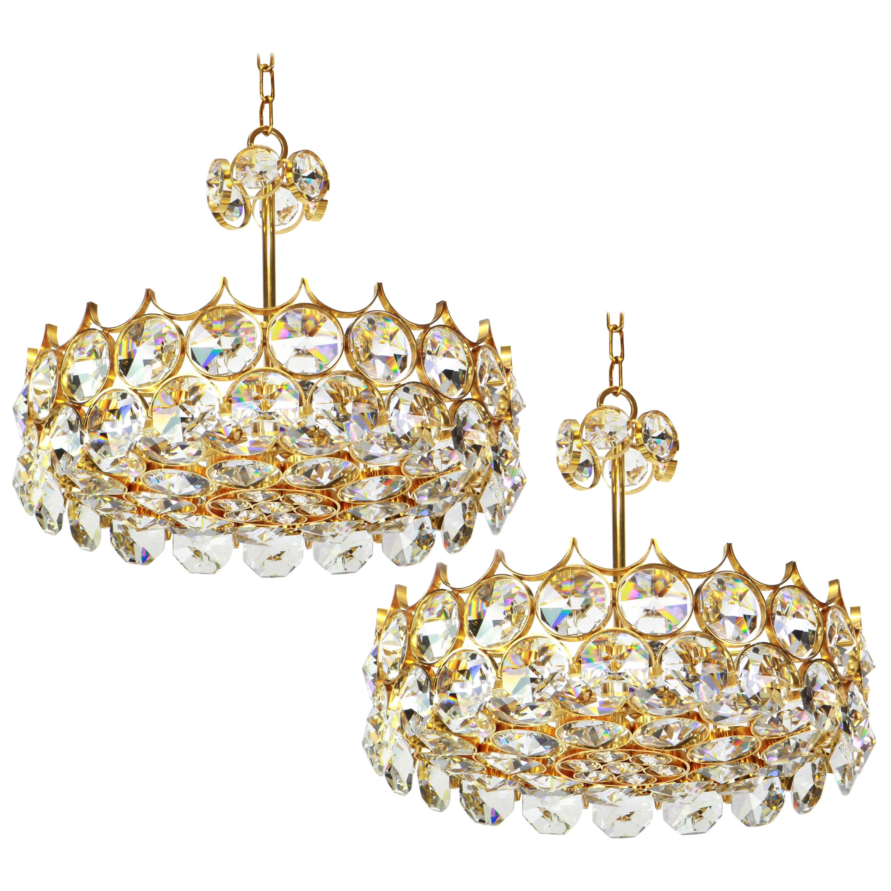 1 of 2 Gilt Brass and Crystal Glass Chandeliers by Palwa, Germany, 1970s