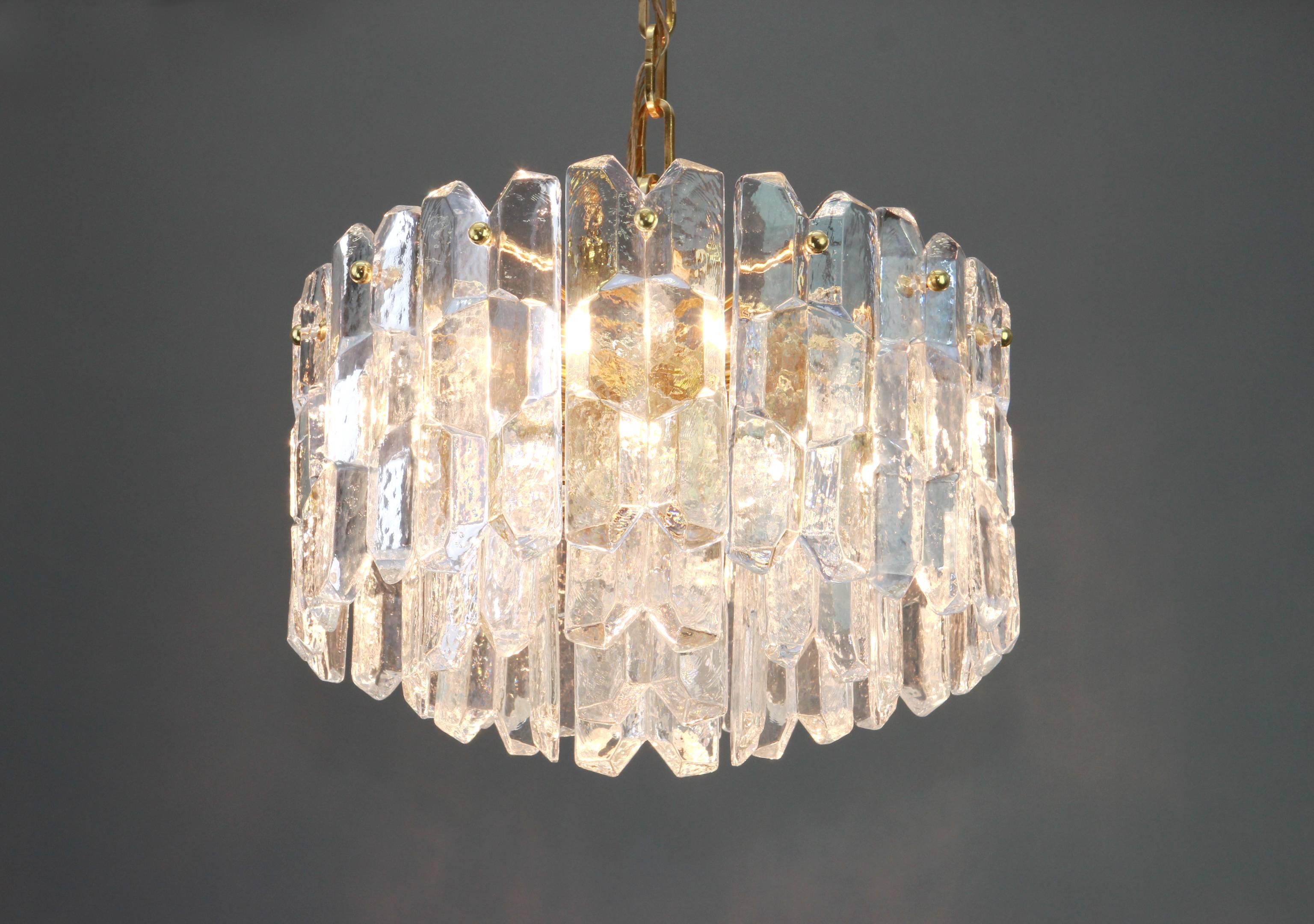 Austrian 1 of 2 Gilt Brass, Crystal Glass Light Chandelier Palazzo, Kalmar, Austria, 1970 For Sale