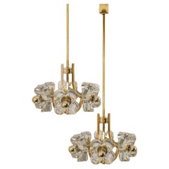 1 of 2 Glass and Brass Chandelier, 1960s Modernist Design, Kalmar Style