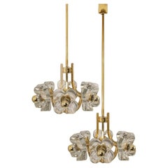 1 of 2 Glass and Brass Chandelier, 1960s Modernist Design, Kalmar Style