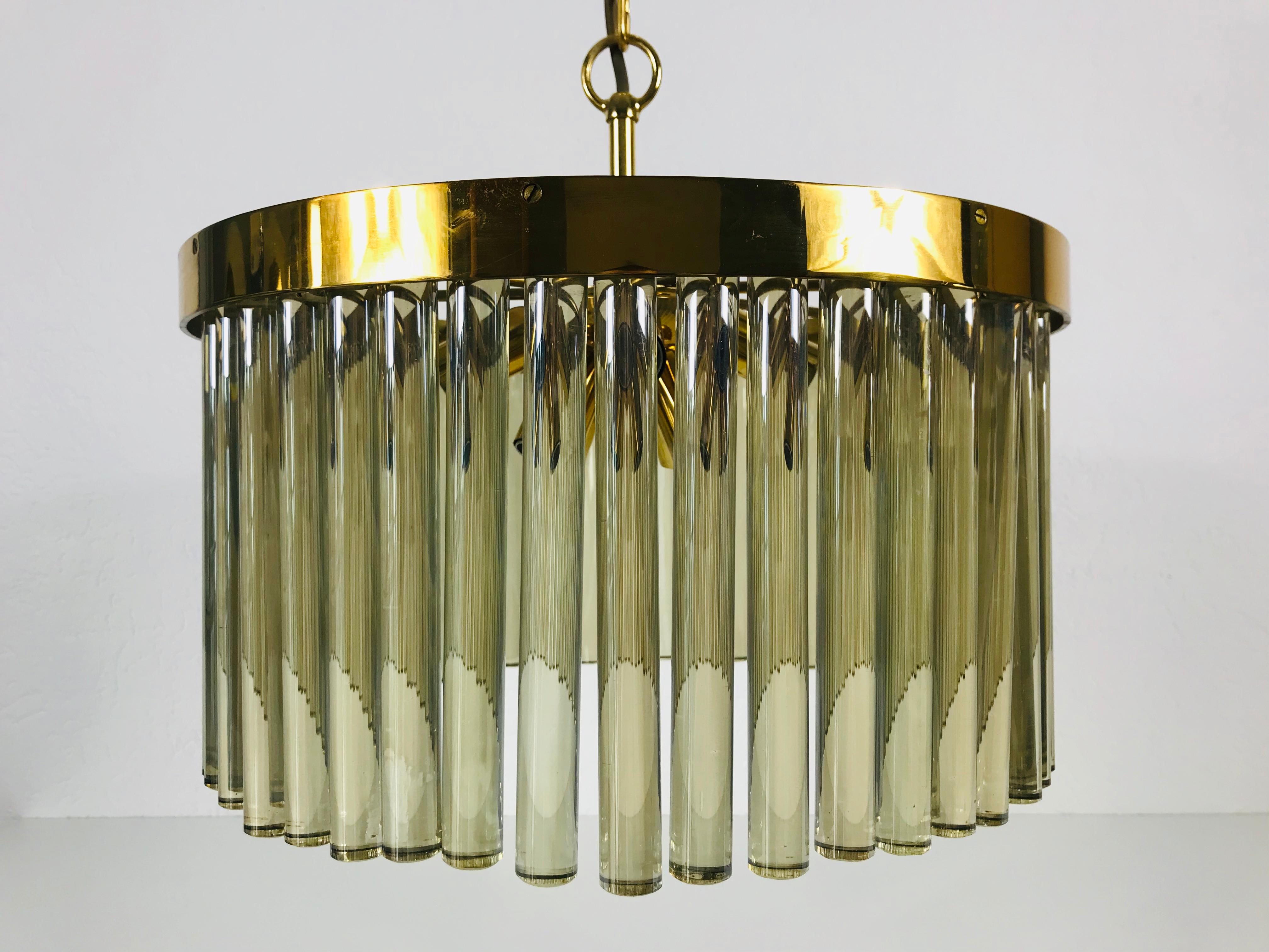 Hollywood Regency 1 of 2 Golden Gilded Brass and Crystal Glass Chandelier by Christoph Palme, 1960 For Sale