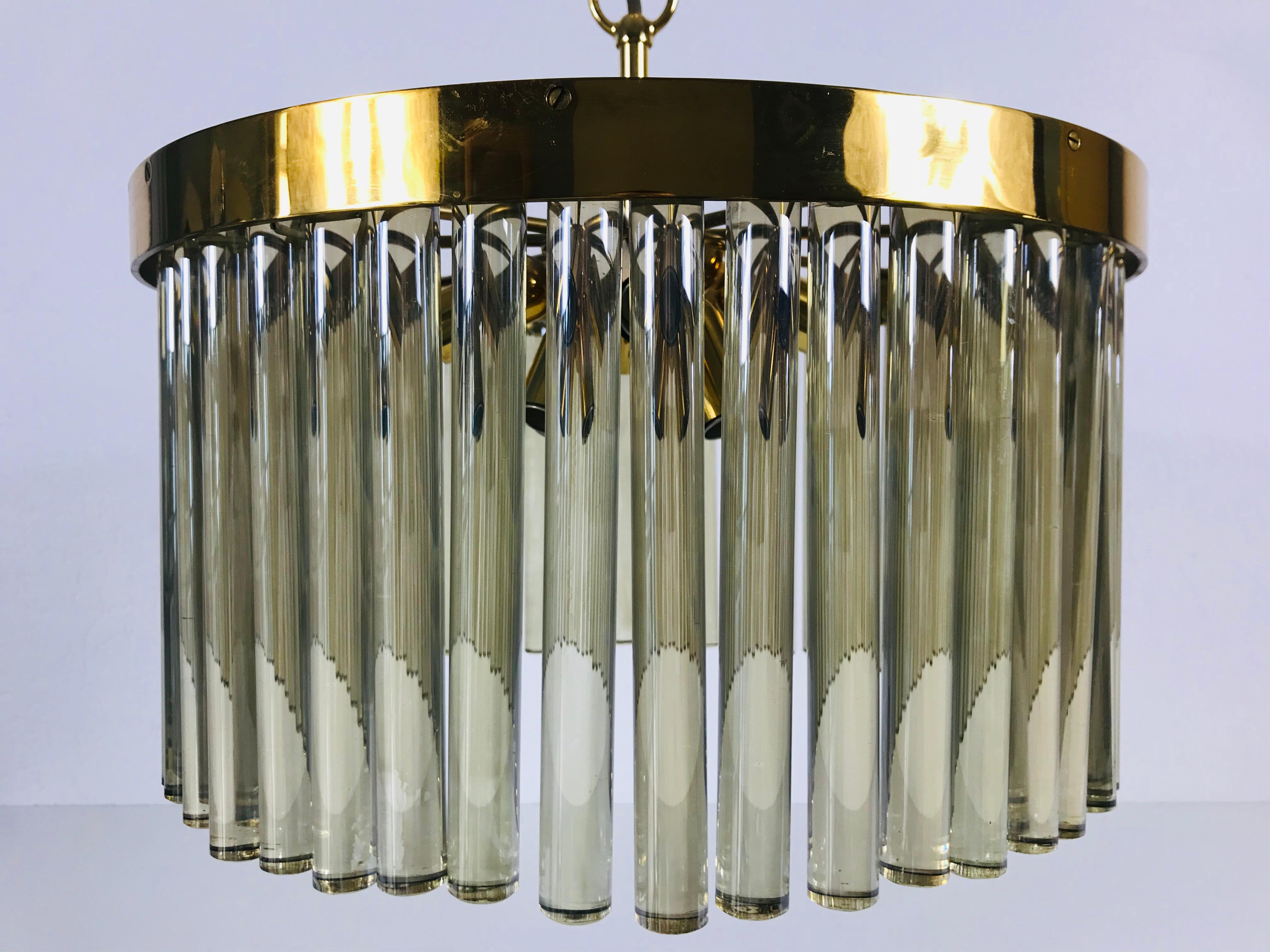 Gilt 1 of 2 Golden Gilded Brass and Crystal Glass Chandelier by Christoph Palme, 1960 For Sale
