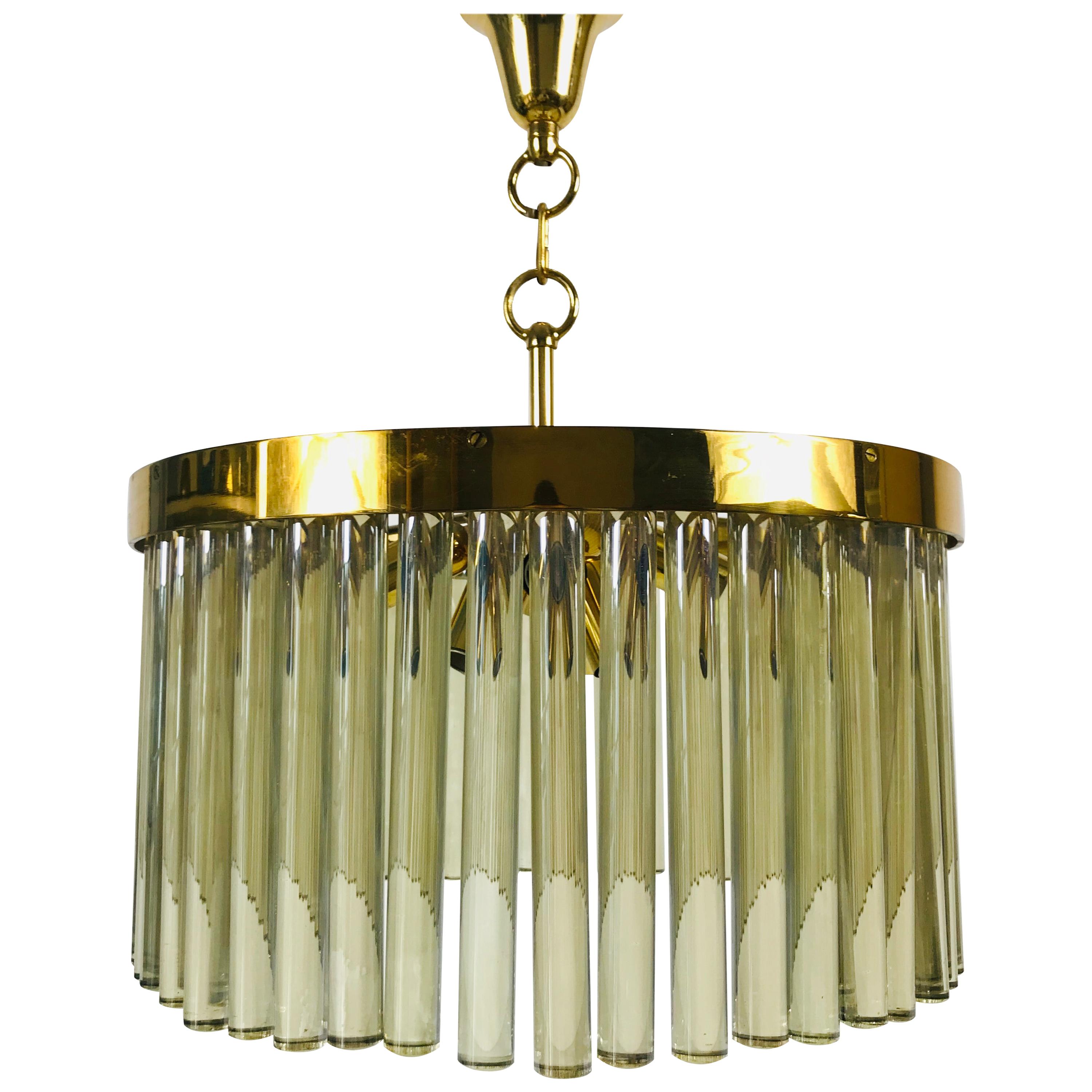 1 of 2 Golden Gilded Brass and Crystal Glass Chandelier by Christoph Palme, 1960 For Sale