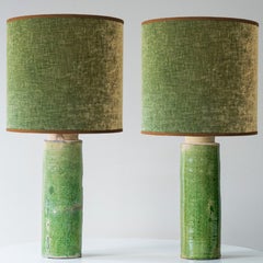 1 of 2 Green Ceramic Lamps, Custom Green Lampshade by R. Houben