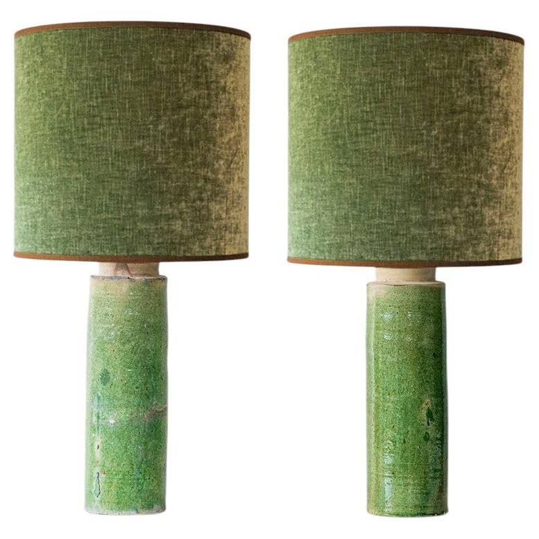 1 of 2 Green Ceramic Lamps, Custom Green Lampshade by R. Houben