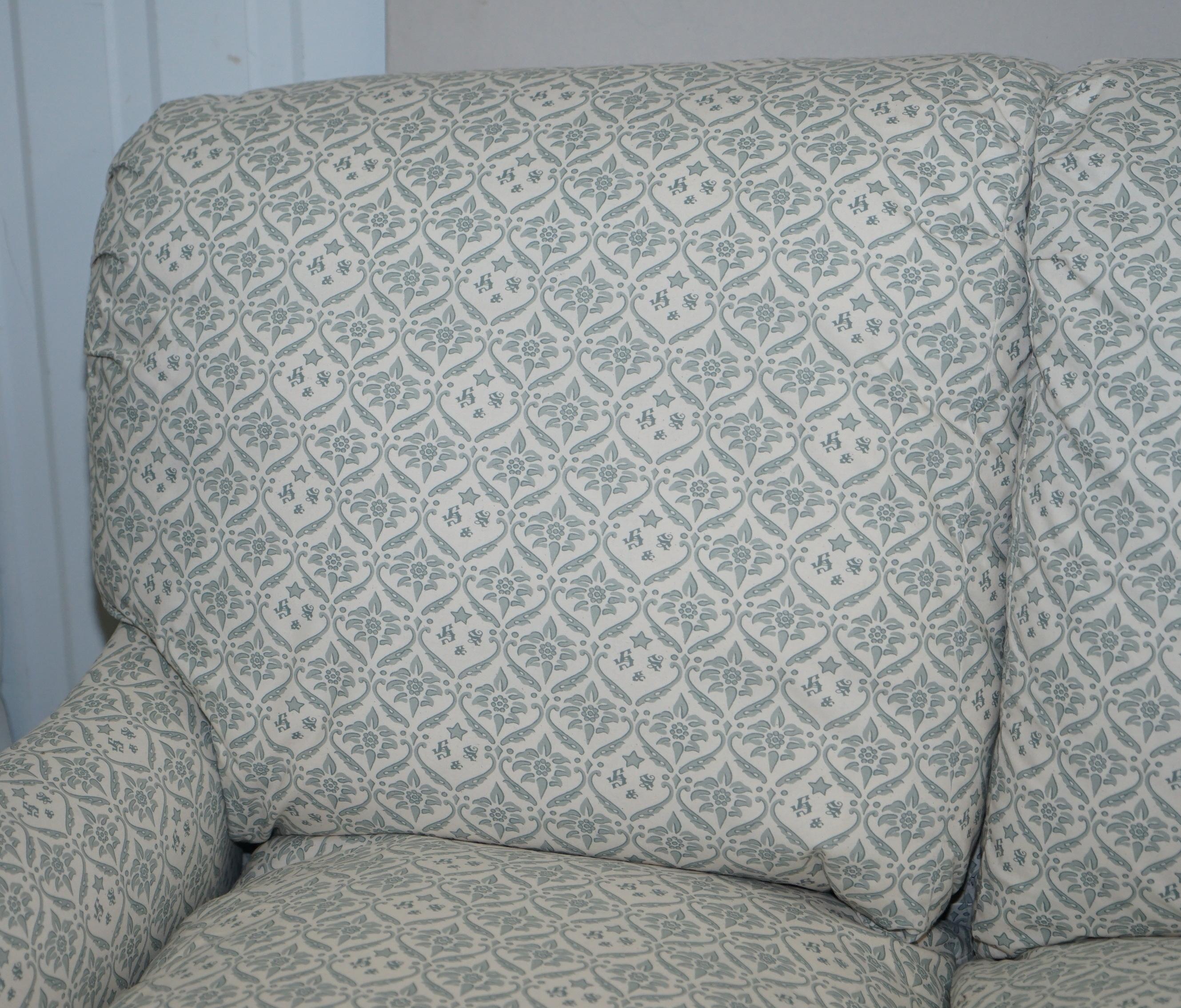 20th Century 1 of 2 Howard & Sons Fully Stamped Sofa Feather Filled Cushions Ticking Fabric