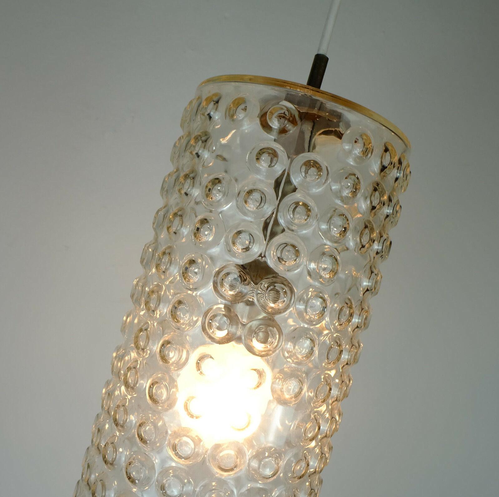 Etched 1 of 2 Huge Cylindrical Pendant Light Staff Rolf Krueger 1967 Bubble Glass  For Sale