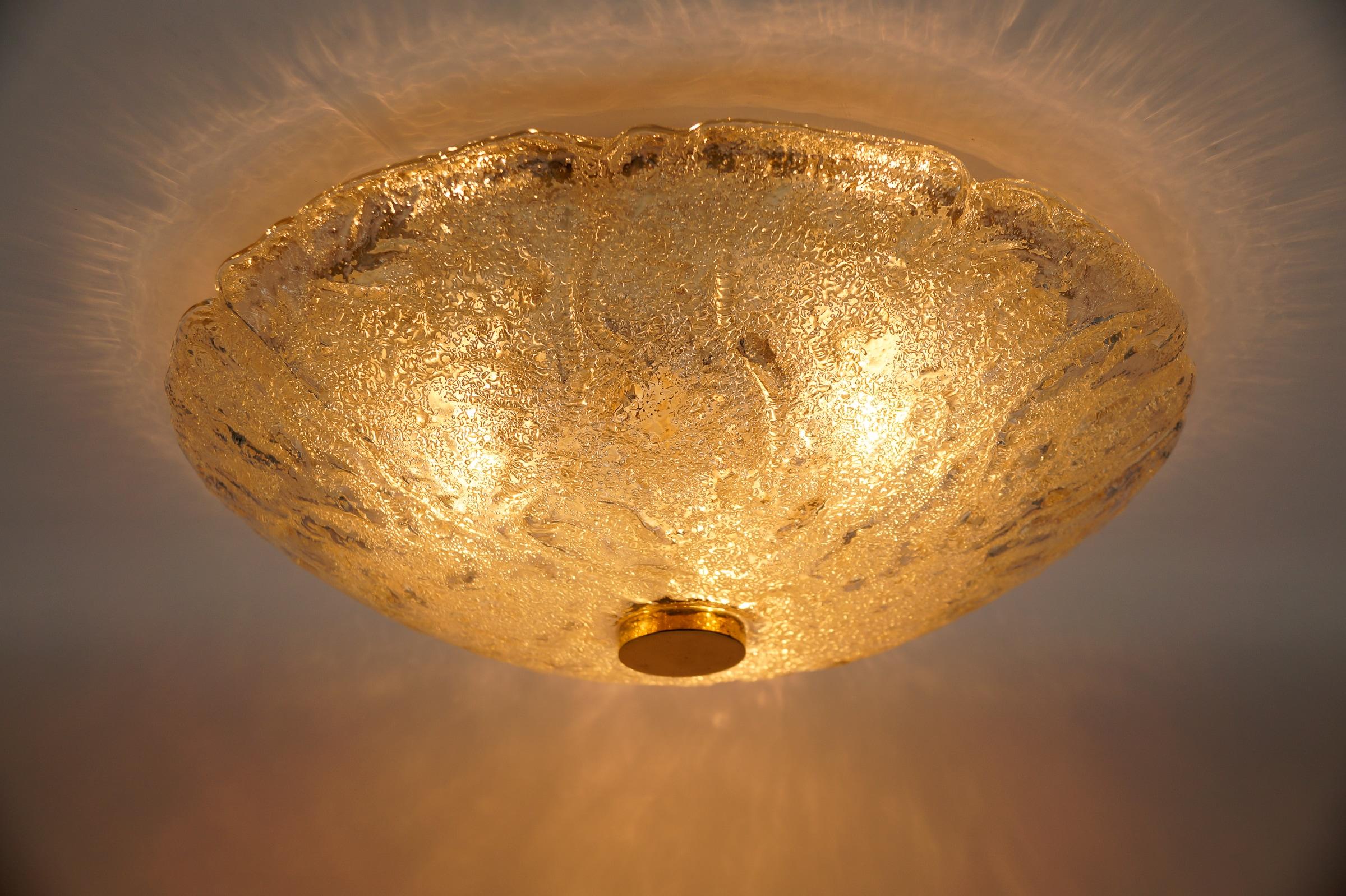 1 of 2 Huge Elegant Flush Mount Lamp in Ice Glass by Limburg, Gerrmany 1960s For Sale 3