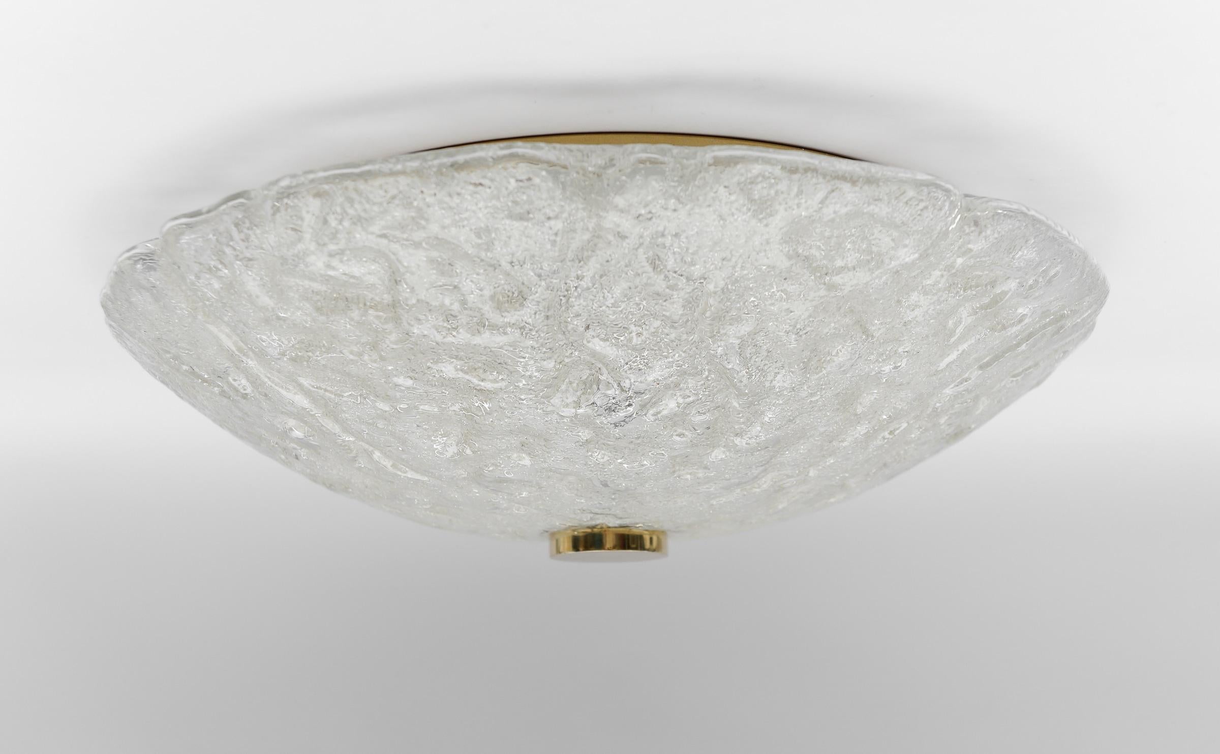 Mid-Century Modern 1 of 2 Huge Elegant Flush Mount Lamp in Ice Glass by Limburg, Gerrmany 1960s For Sale
