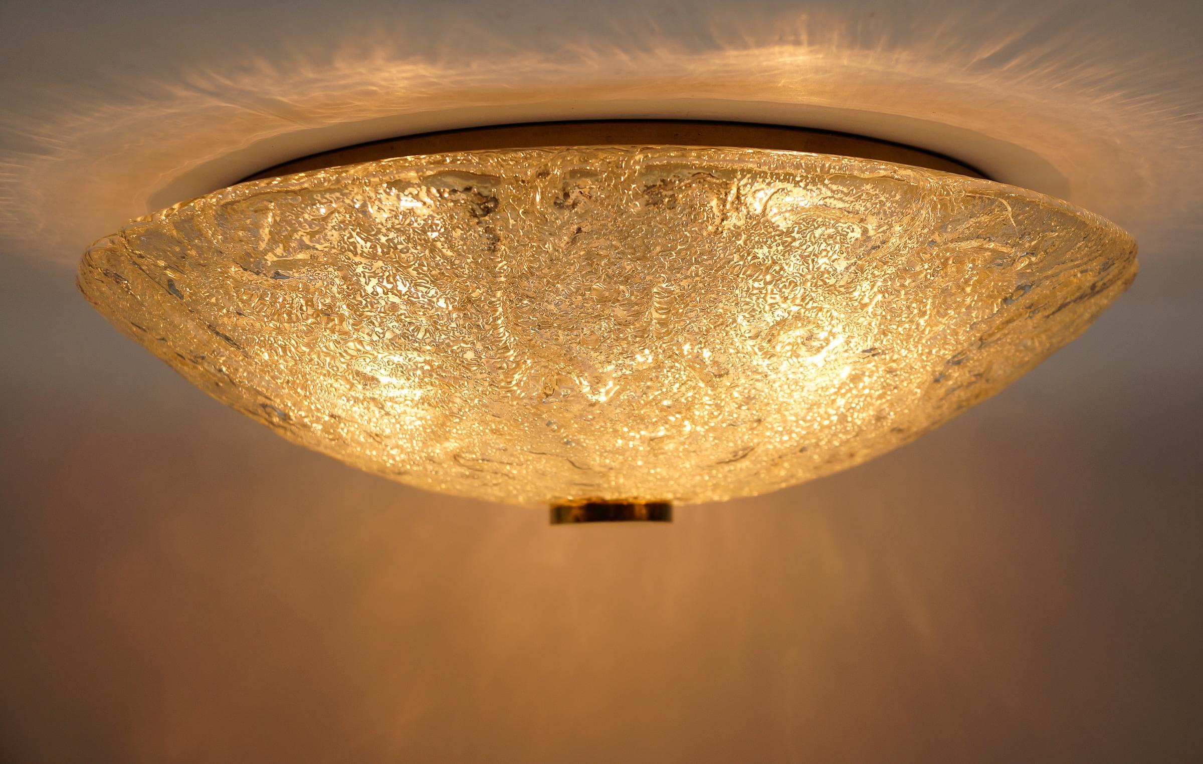 German 1 of 2 Huge Elegant Flush Mount Lamp in Ice Glass by Limburg, Gerrmany 1960s For Sale