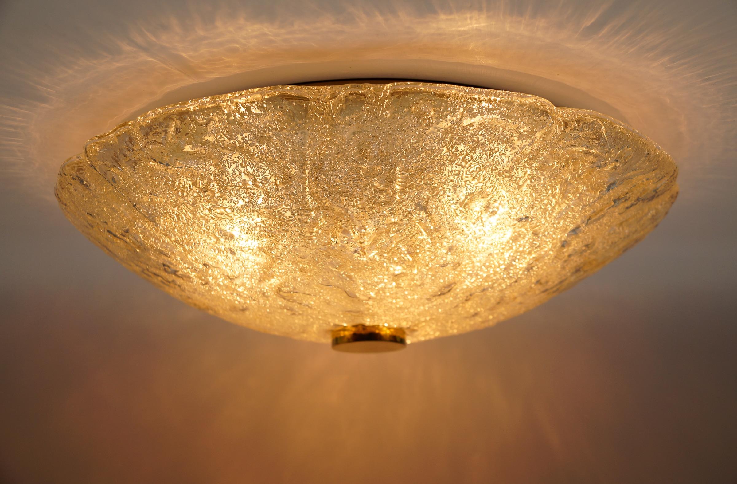 Mid-20th Century 1 of 2 Huge Elegant Flush Mount Lamp in Ice Glass by Limburg, Gerrmany 1960s For Sale
