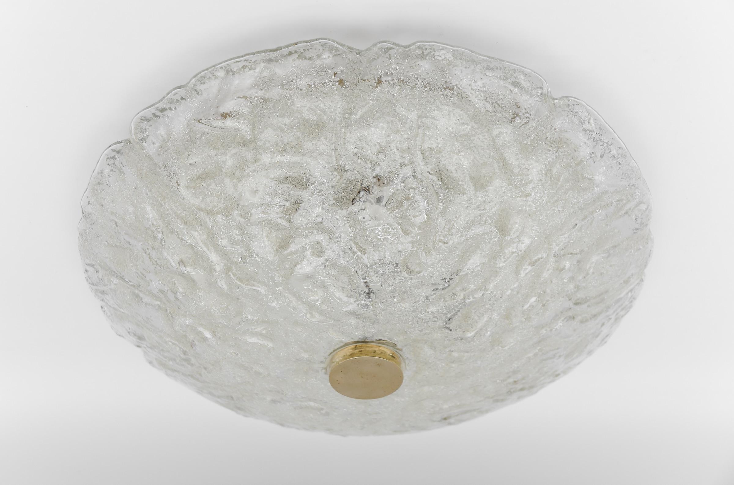 Metal 1 of 2 Huge Elegant Flush Mount Lamp in Ice Glass by Limburg, Gerrmany 1960s For Sale