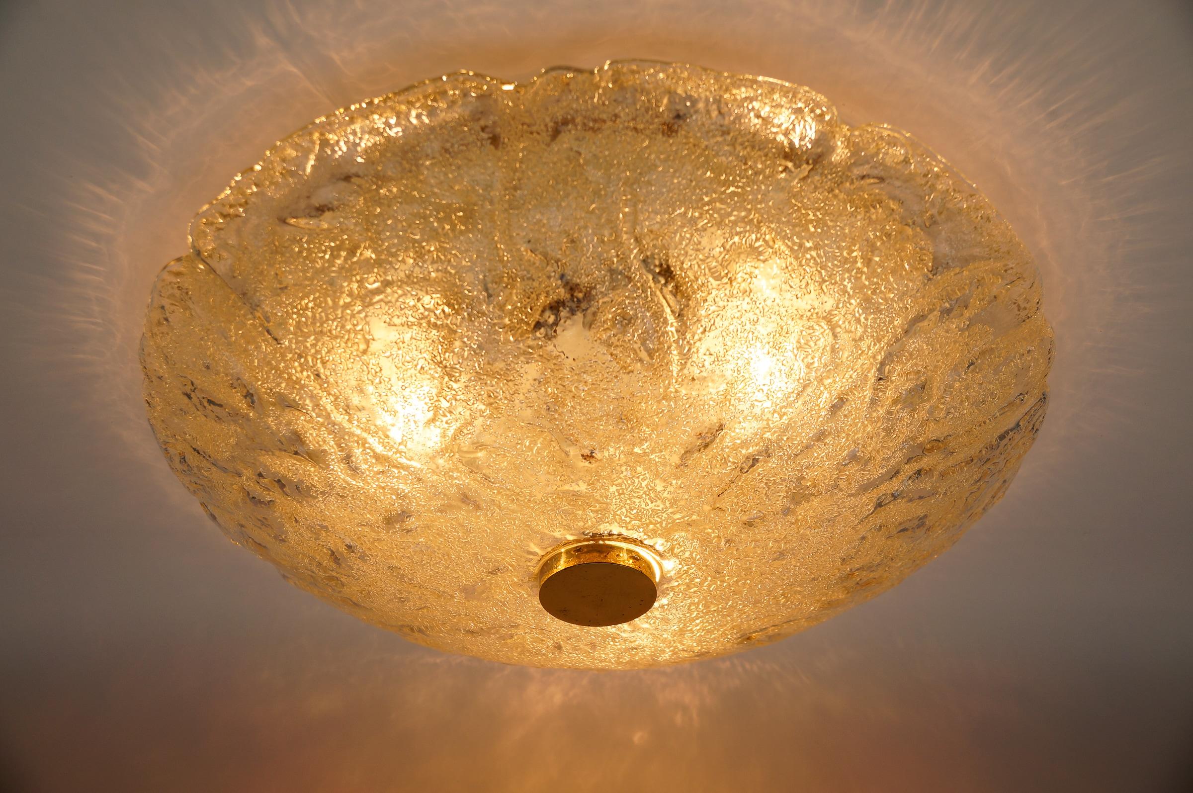 1 of 2 Huge Elegant Flush Mount Lamp in Ice Glass by Limburg, Gerrmany 1960s For Sale 1