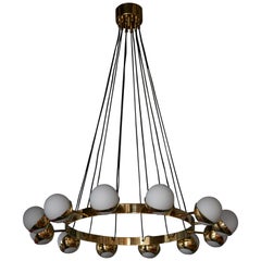 1 of 2 Huge Stilnovo Style Brass and Murano Glass Chandelier