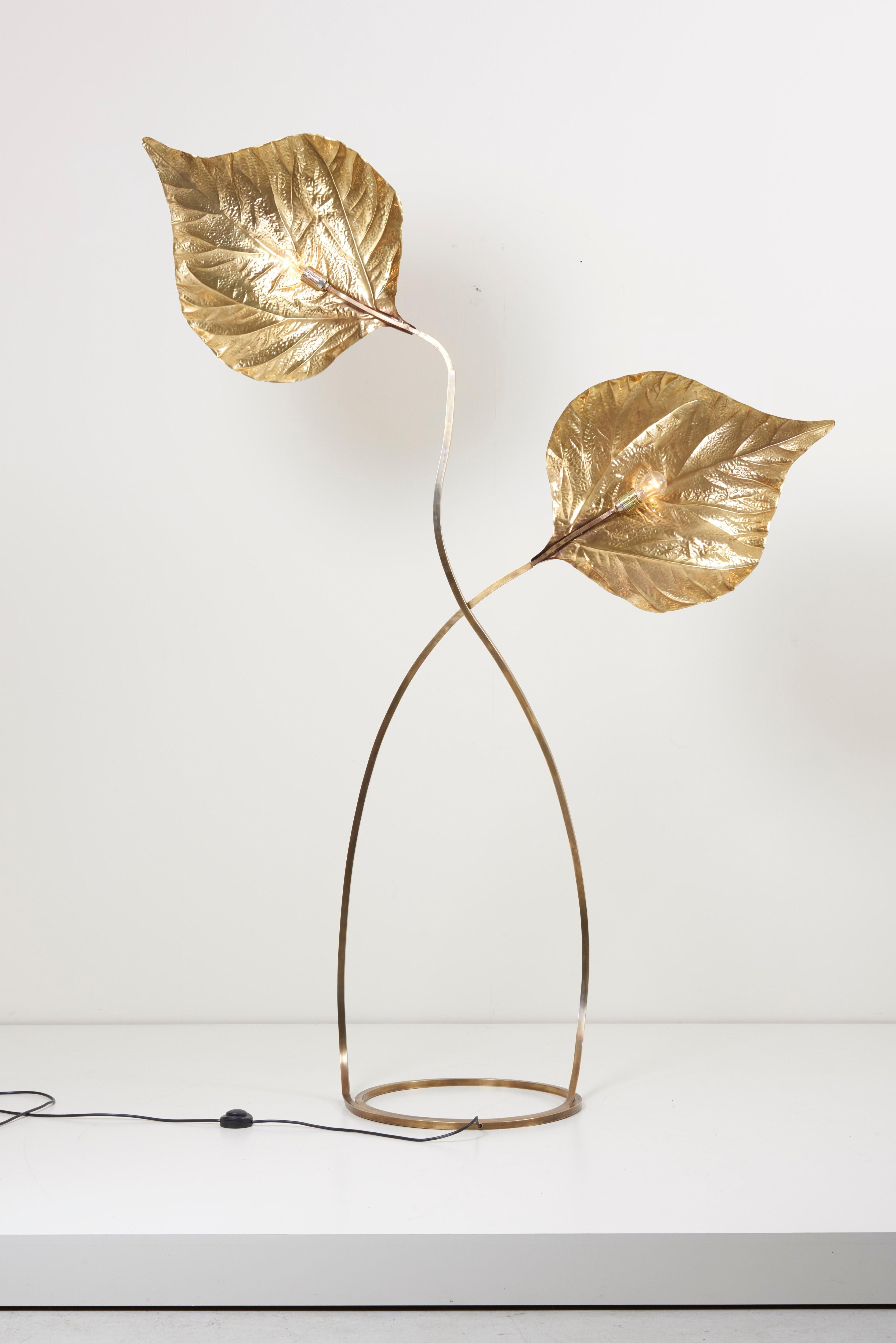 Italian Huge Two Rhubarb Leaves Brass Floor Lamp by Tommaso Barbi