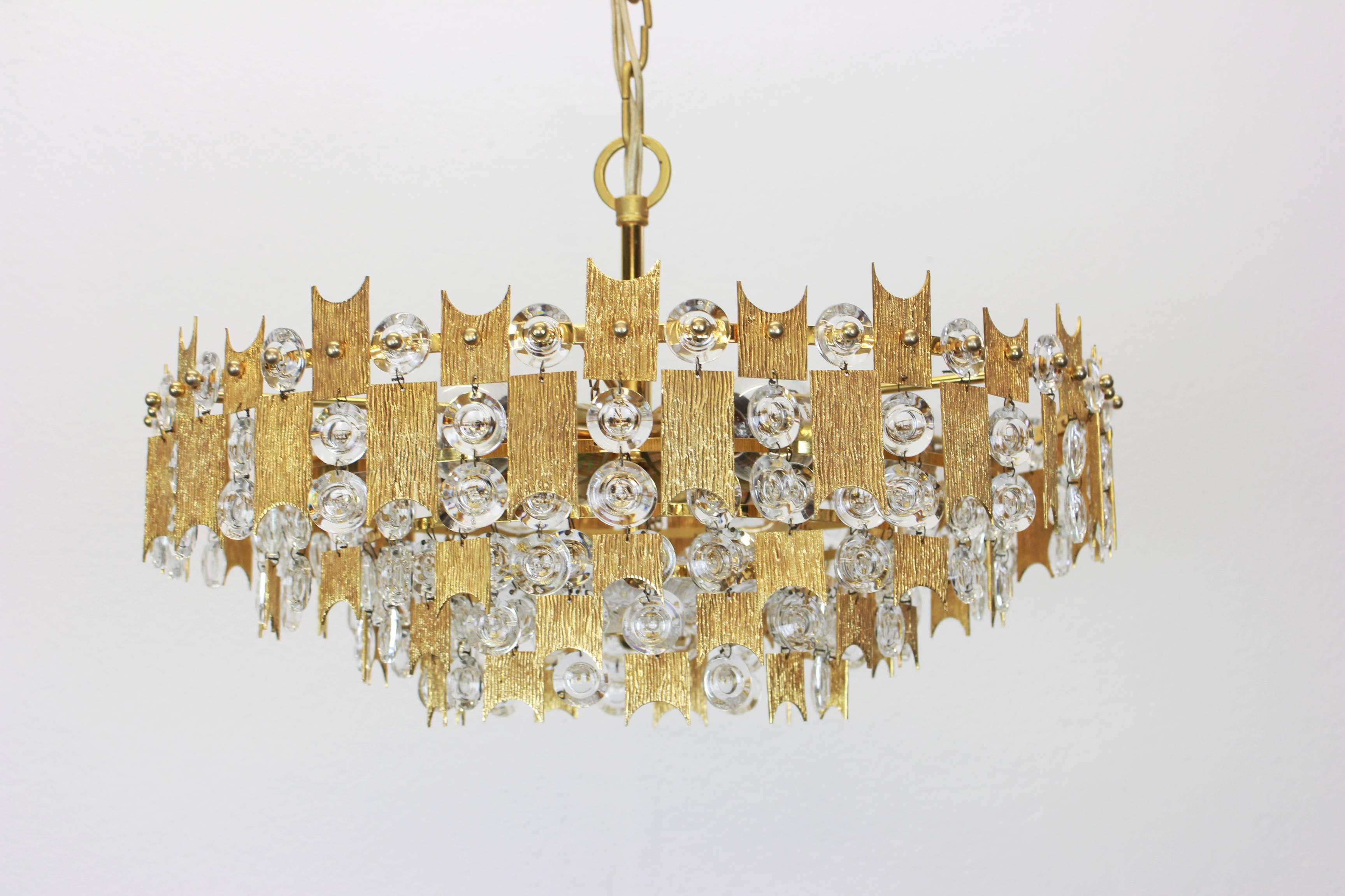 Mid-20th Century 1 of 2 Impressive Large Gilt Brass and Crystal Chandelier, Palwa, Germany, 1960s