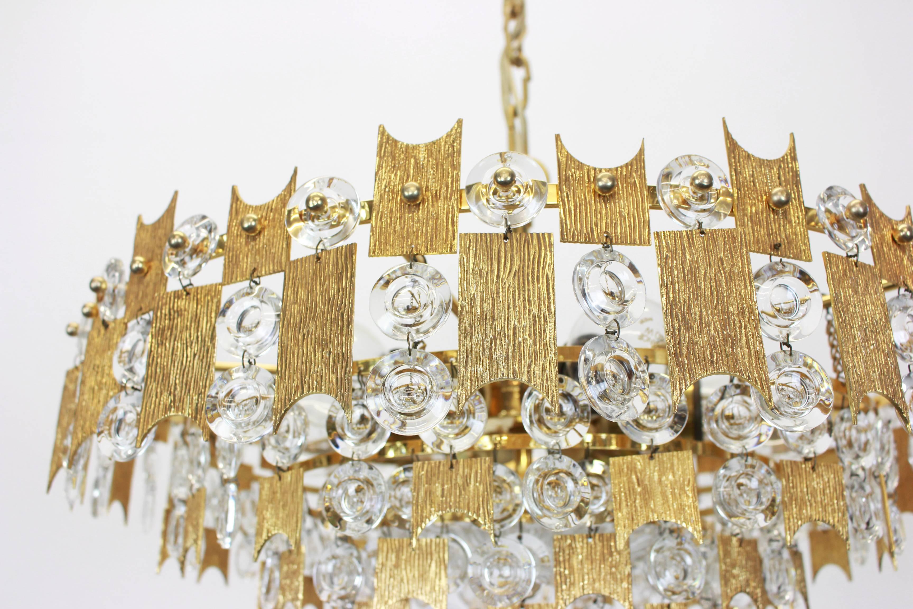 1 of 2 Impressive Large Gilt Brass and Crystal Chandelier, Palwa, Germany, 1960s 1