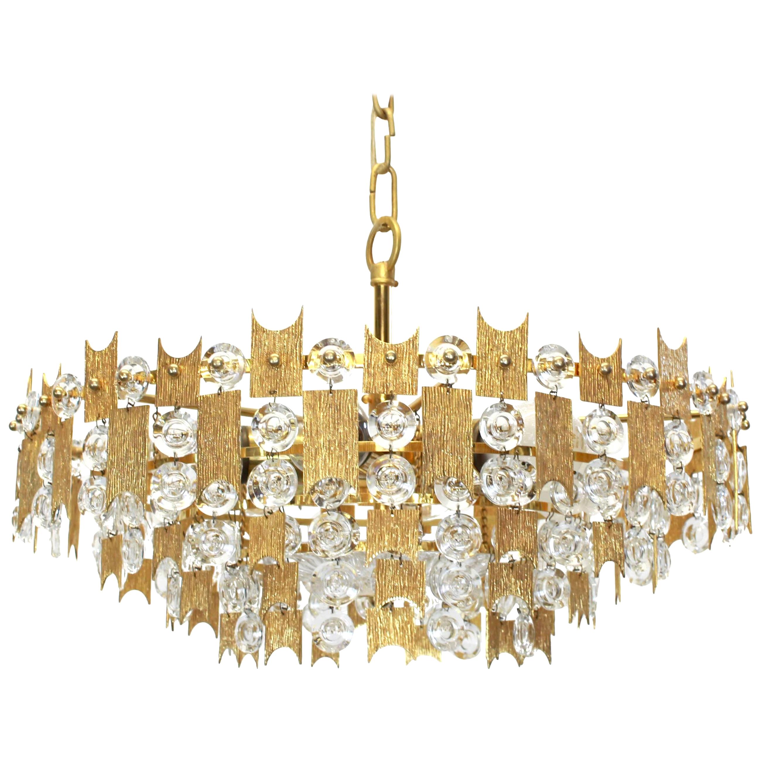 1 of 2 Impressive Large Gilt Brass and Crystal Chandelier, Palwa, Germany, 1960s