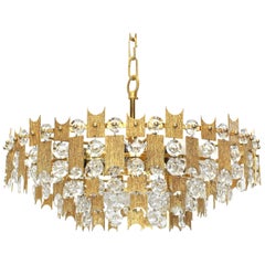 1 of 2 Impressive Large Gilt Brass and Crystal Chandelier, Palwa, Germany, 1960s