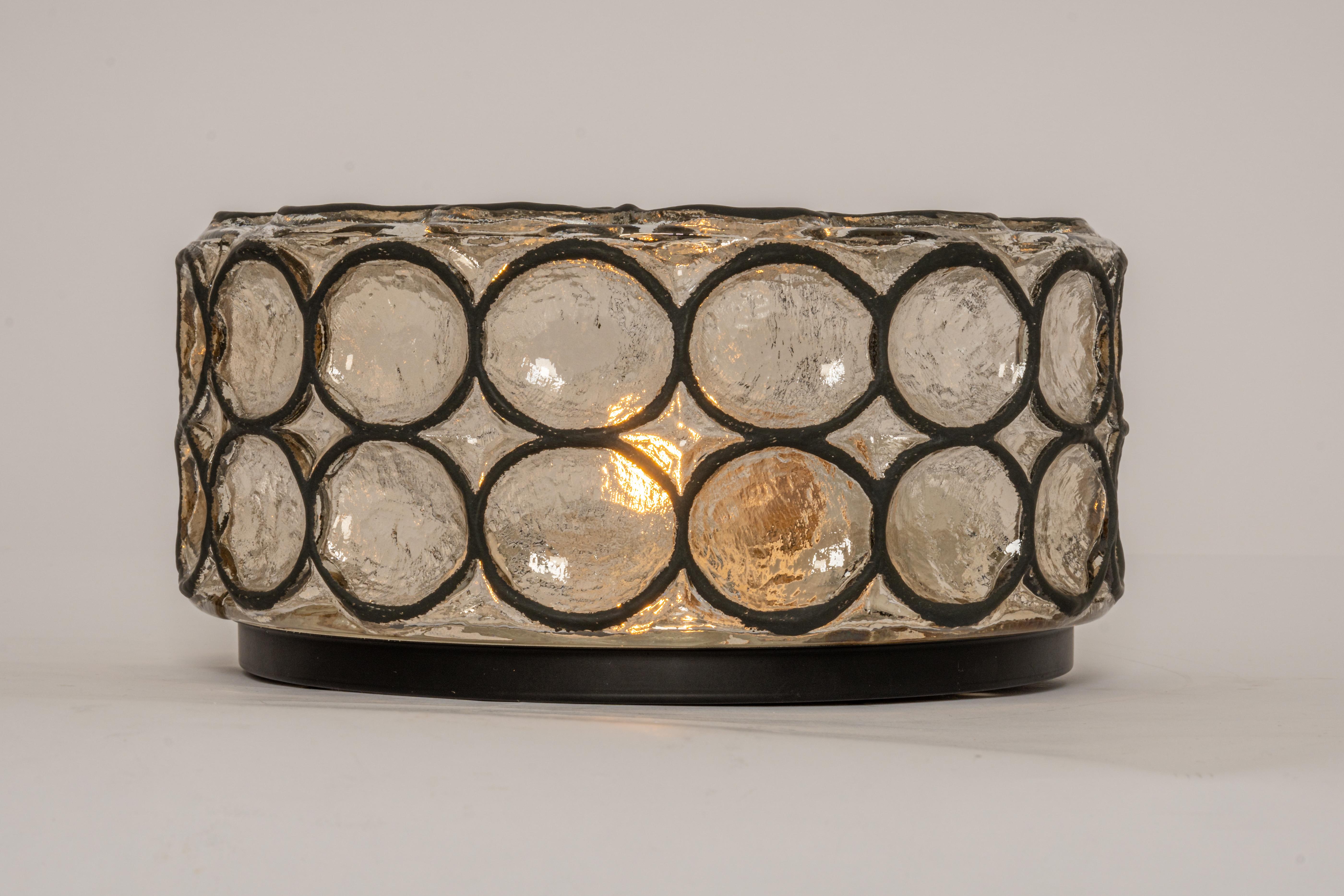 Mid-Century Modern 1 of 2 Iron and Clear Glass Ceiling Light by Limburg, Germany, 1960s For Sale