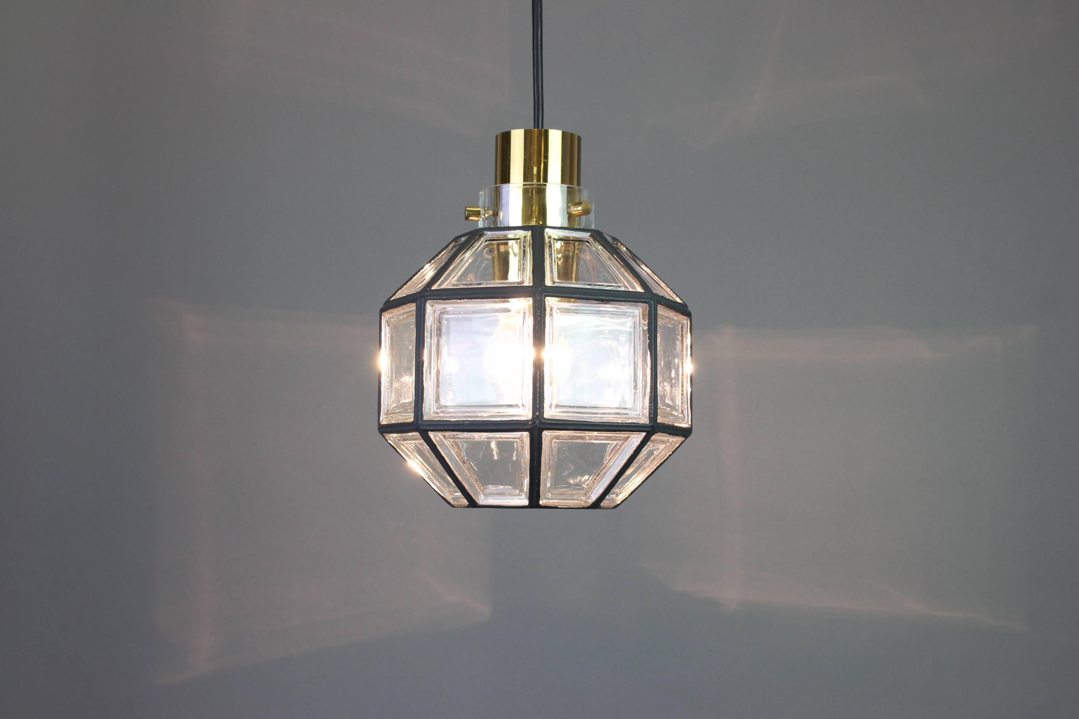 Mid-20th Century 1 of 2 Iron and Clear Glass Pendant Lights by Limburg, Germany, 1960s For Sale