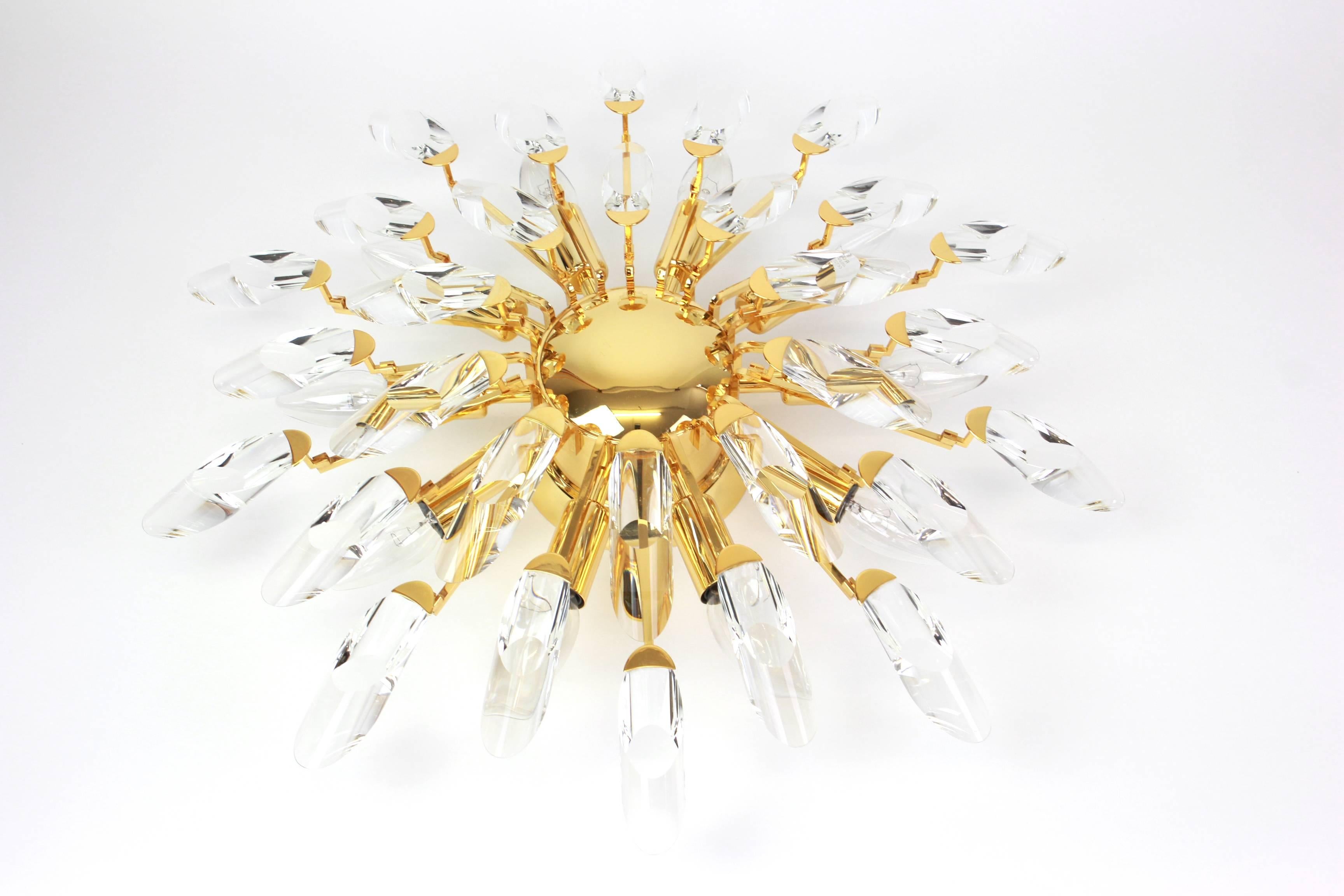 Hollywood Regency 1 of 2 Italian Flush Mount Light by Stilkronen, Gilt Brass Crystal Glass, 1970s