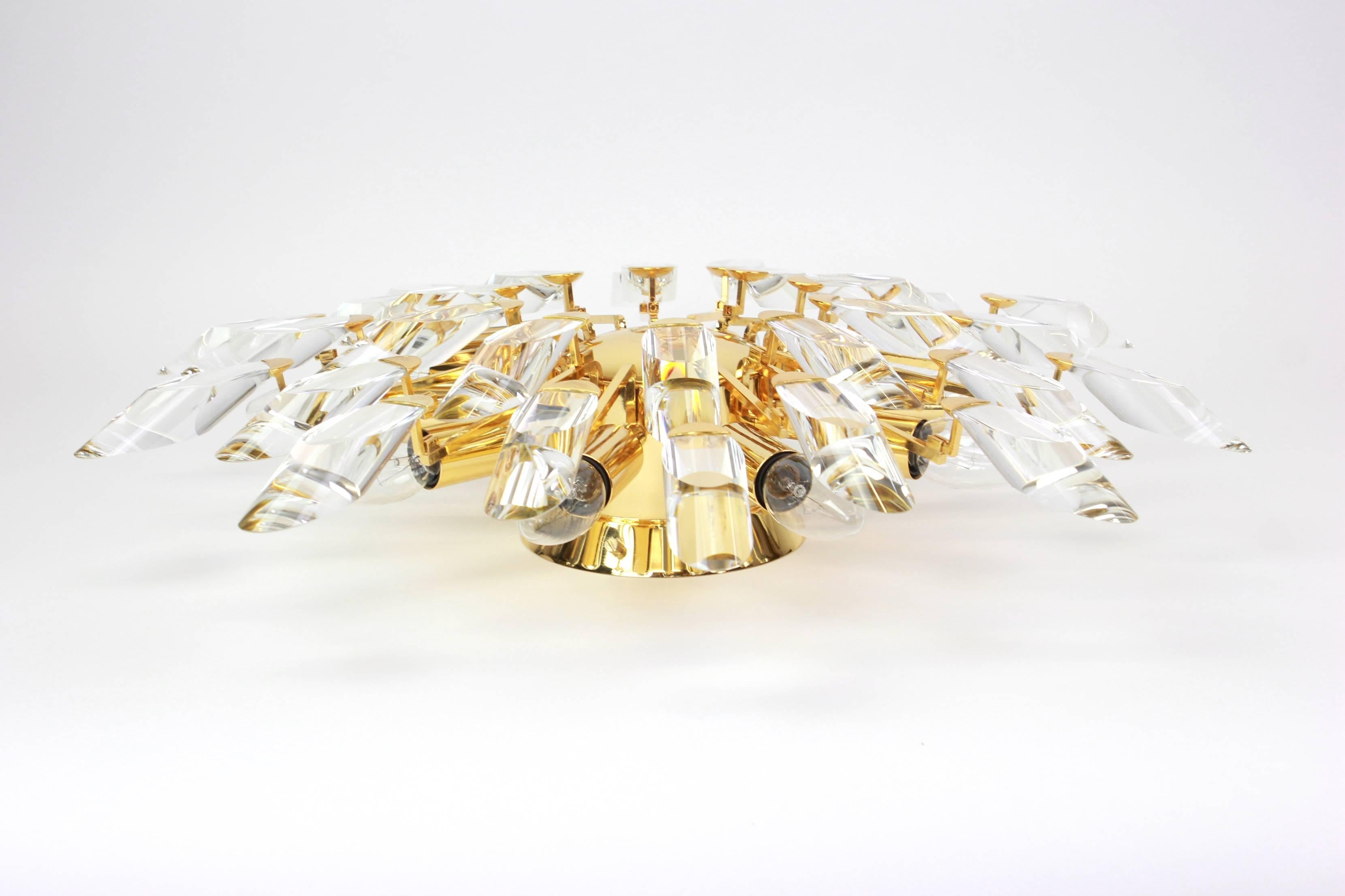 1 of 2 Italian Flush Mount Light by Stilkronen, Gilt Brass Crystal Glass, 1970s 1