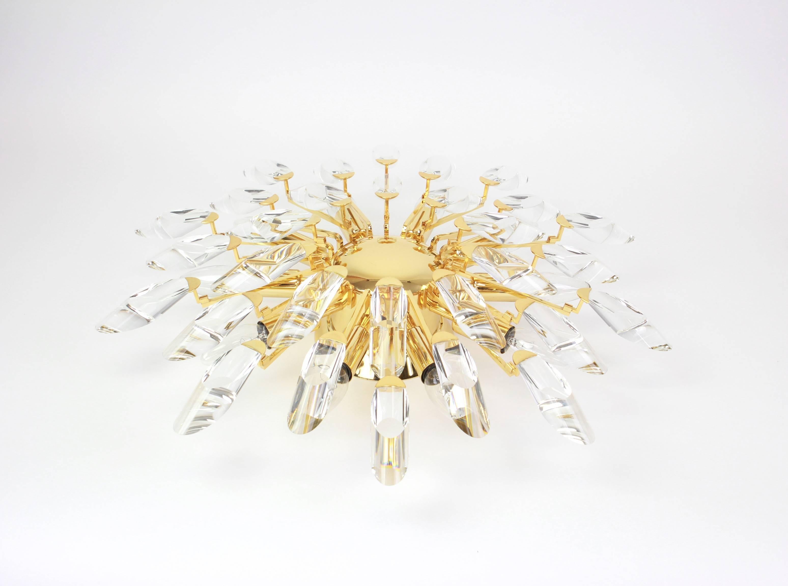 1 of 2 Italian Flush Mount Light by Stilkronen, Gilt Brass Crystal Glass, 1970s 2