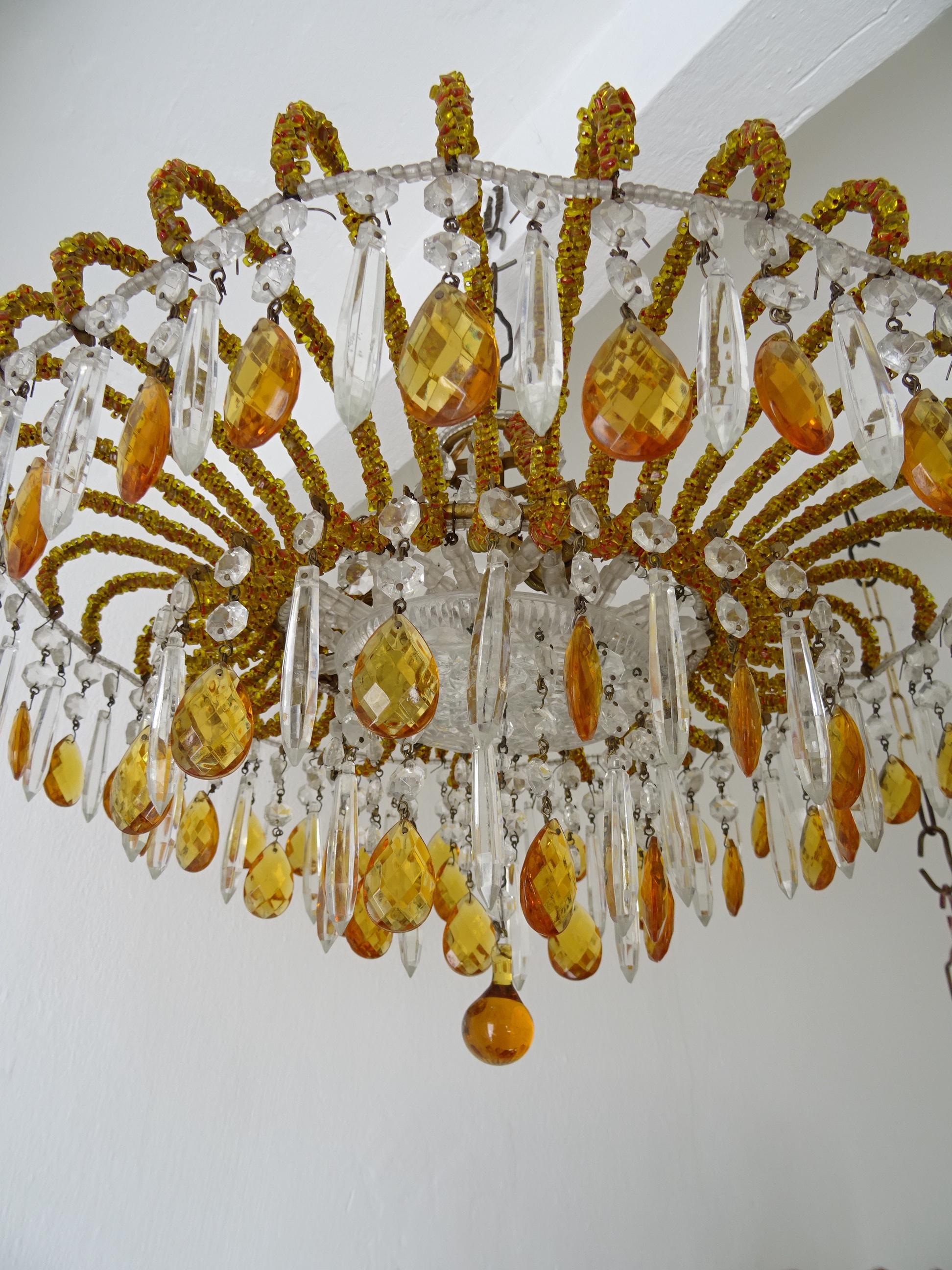 1 of 2 Italian Micro-Beaded Yellow Amber Flush Mount Crystal Prisms Chandelier For Sale 4