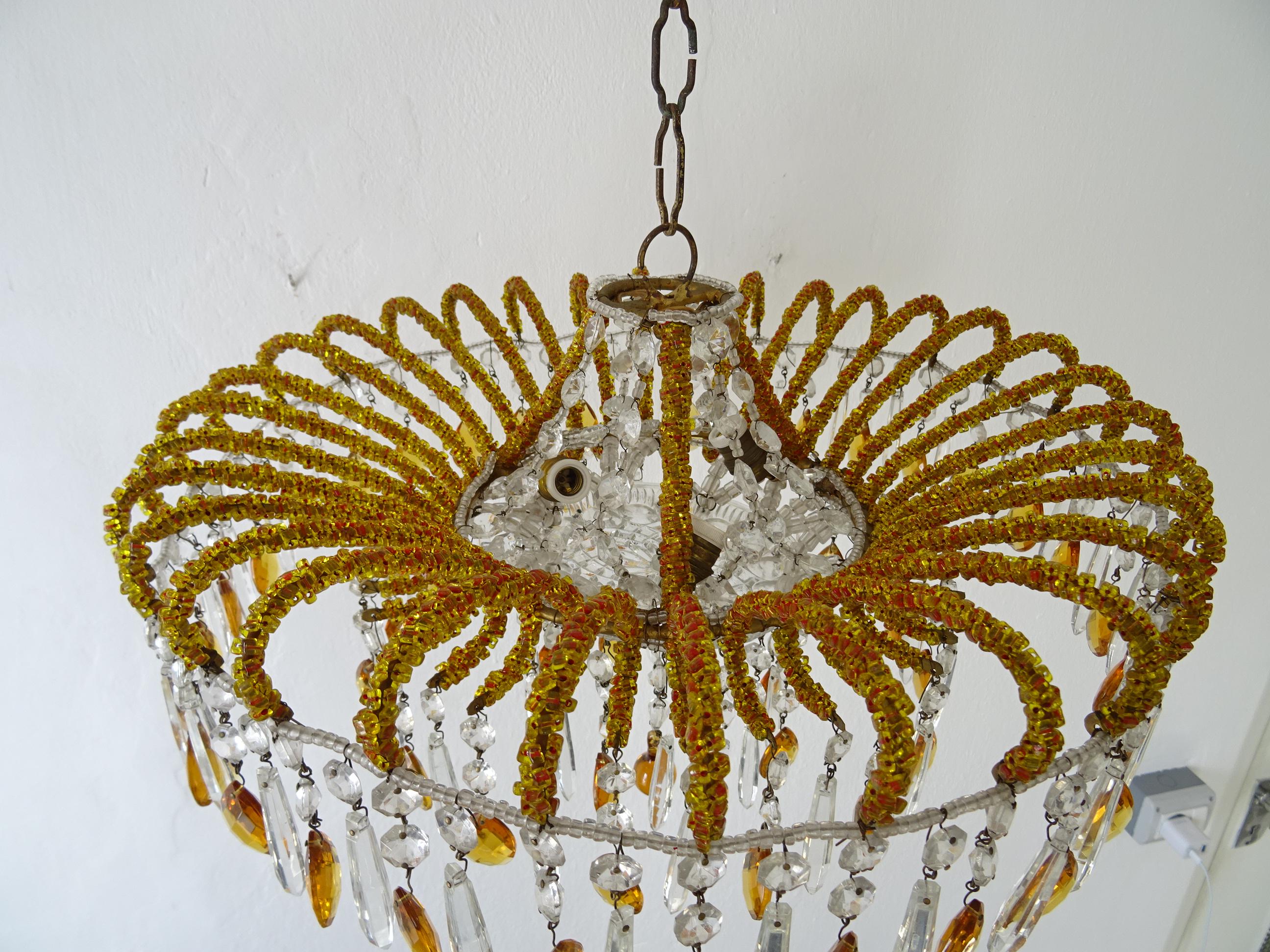 1 of 2 Italian Micro-Beaded Yellow Amber Flush Mount Crystal Prisms Chandelier For Sale 5