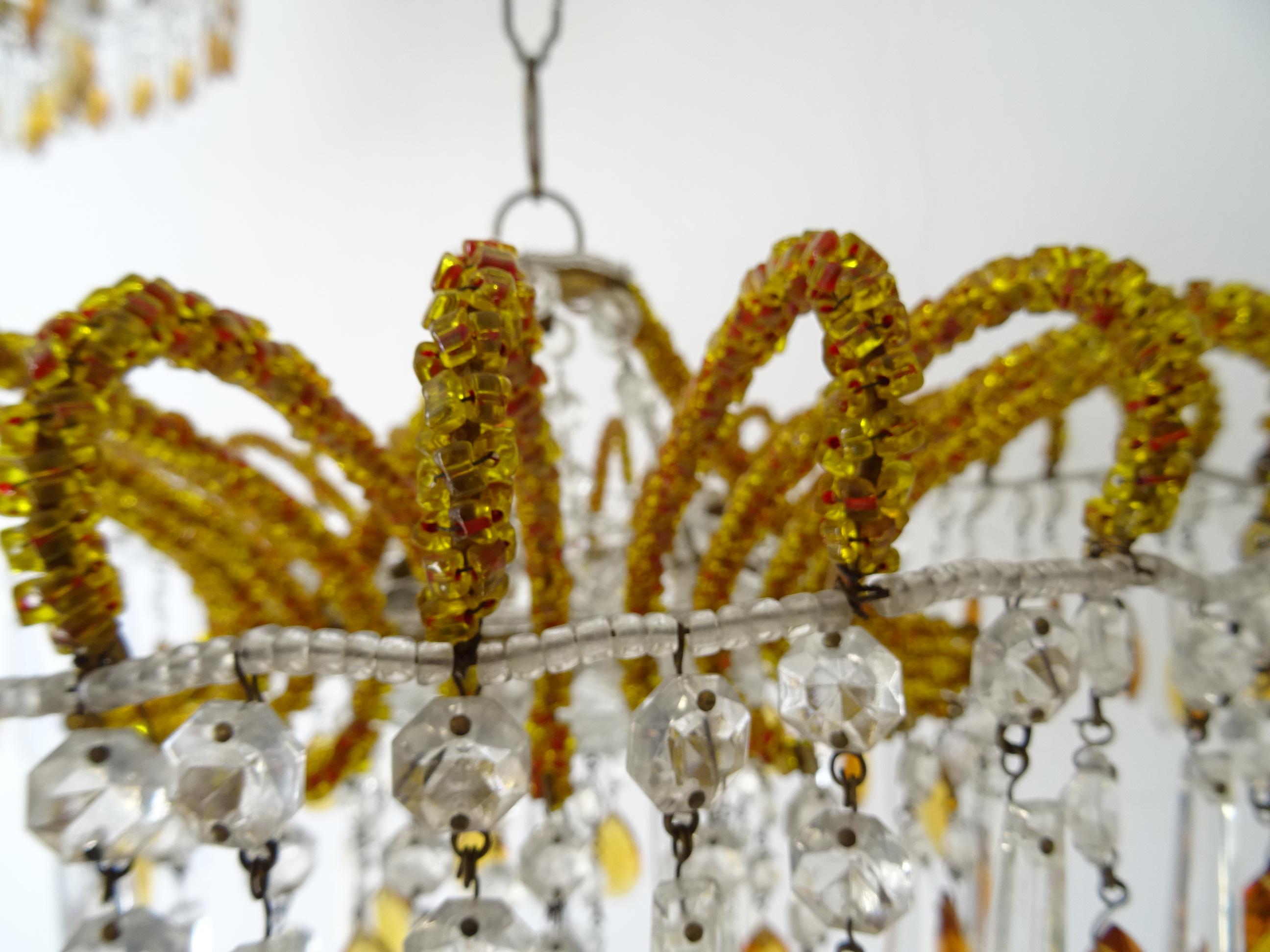 1 of 2 Italian Micro-Beaded Yellow Amber Flush Mount Crystal Prisms Chandelier In Good Condition For Sale In Firenze, Toscana