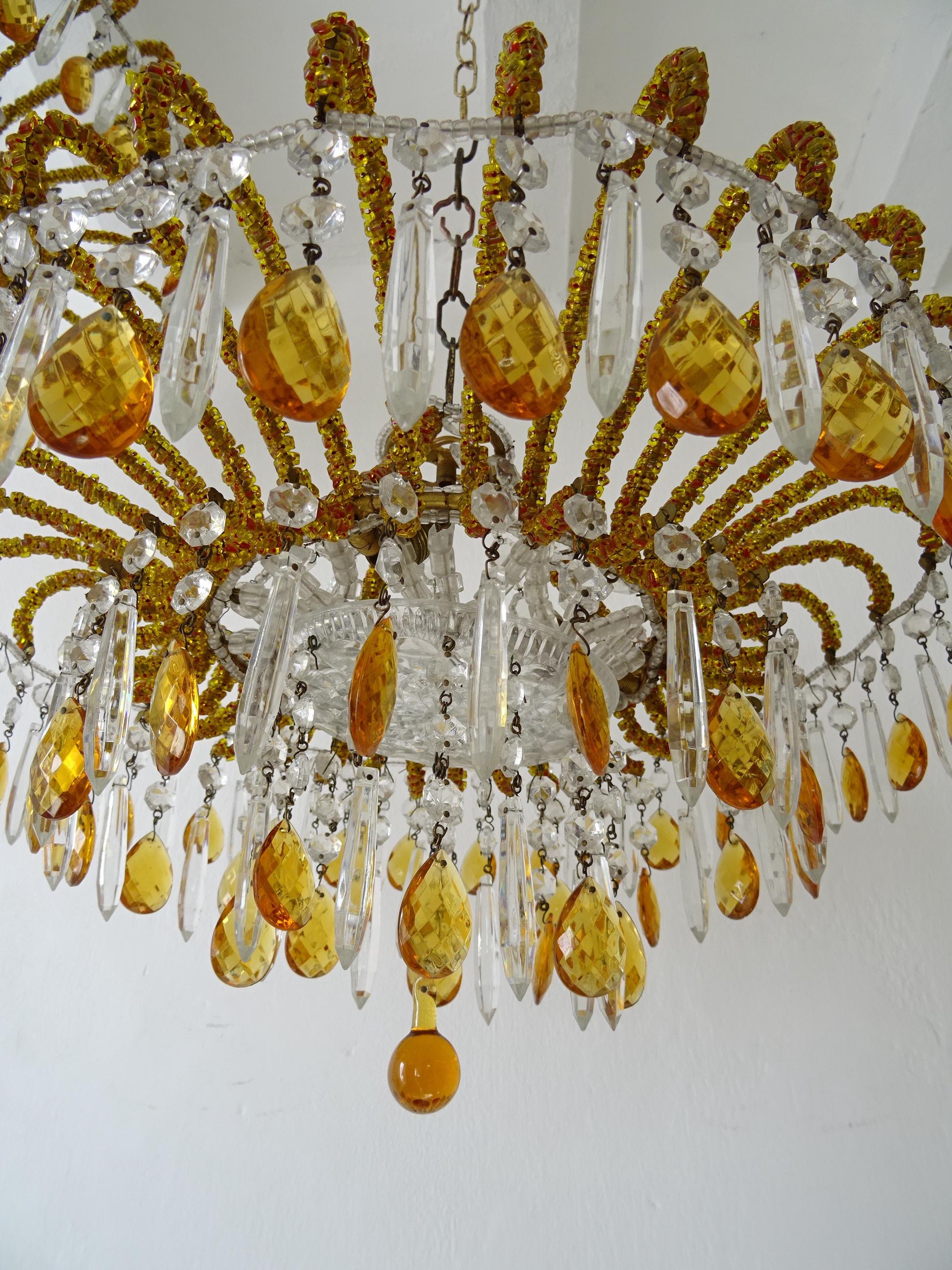 Early 20th Century 1 of 2 Italian Micro-Beaded Yellow Amber Flush Mount Crystal Prisms Chandelier For Sale