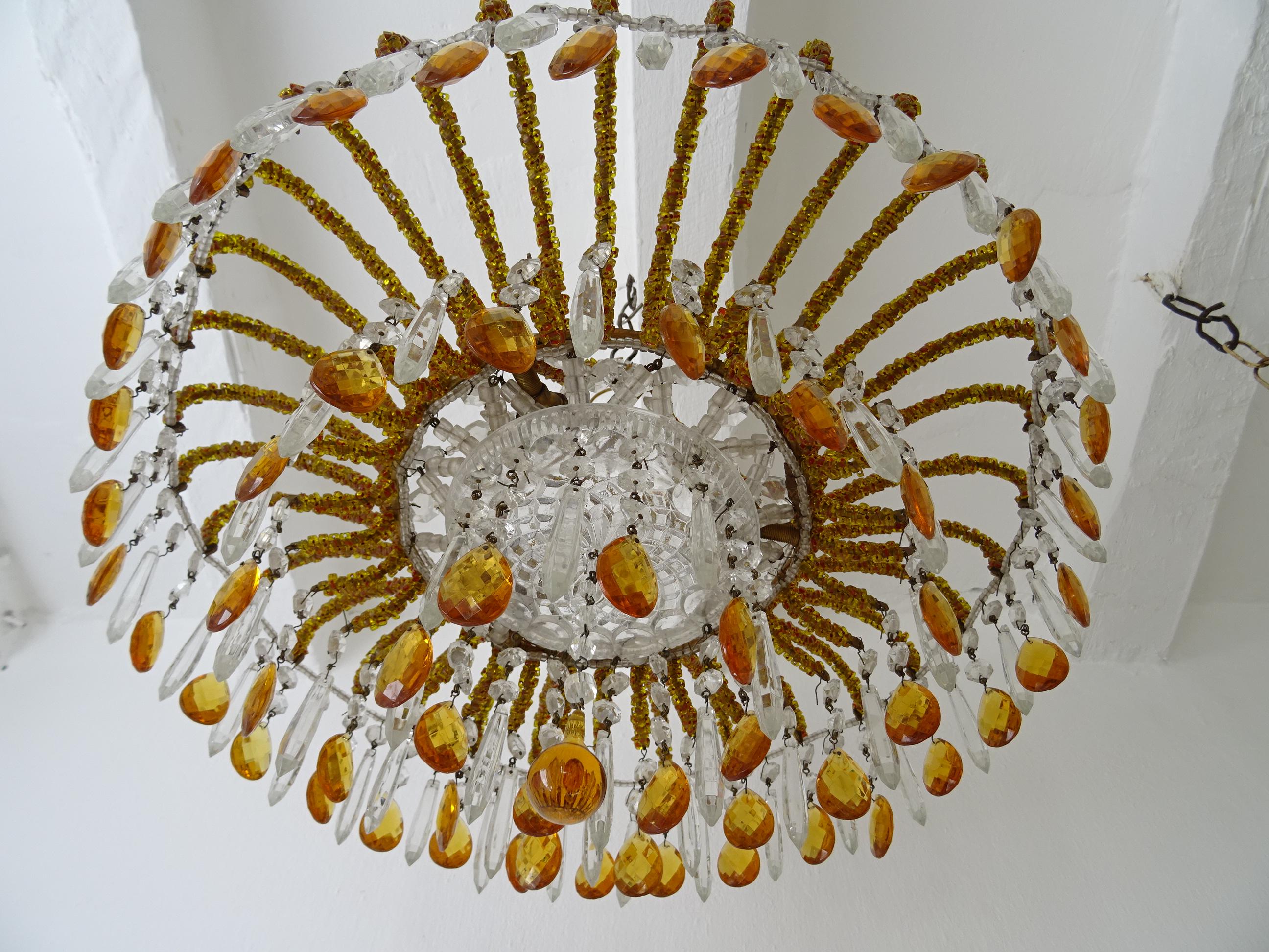 1 of 2 Italian Micro-Beaded Yellow Amber Flush Mount Crystal Prisms Chandelier For Sale 1