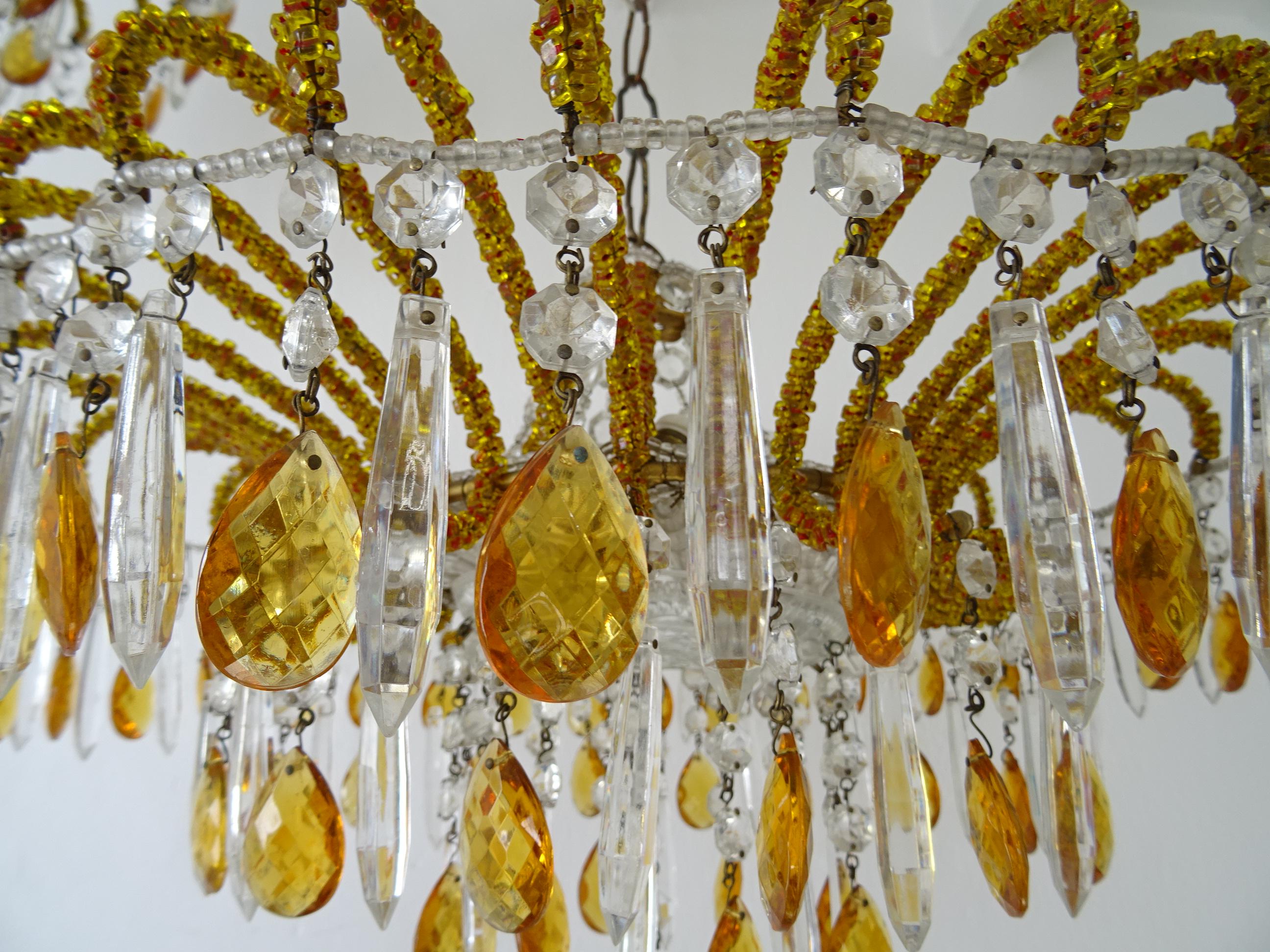 1 of 2 Italian Micro-Beaded Yellow Amber Flush Mount Crystal Prisms Chandelier For Sale 2