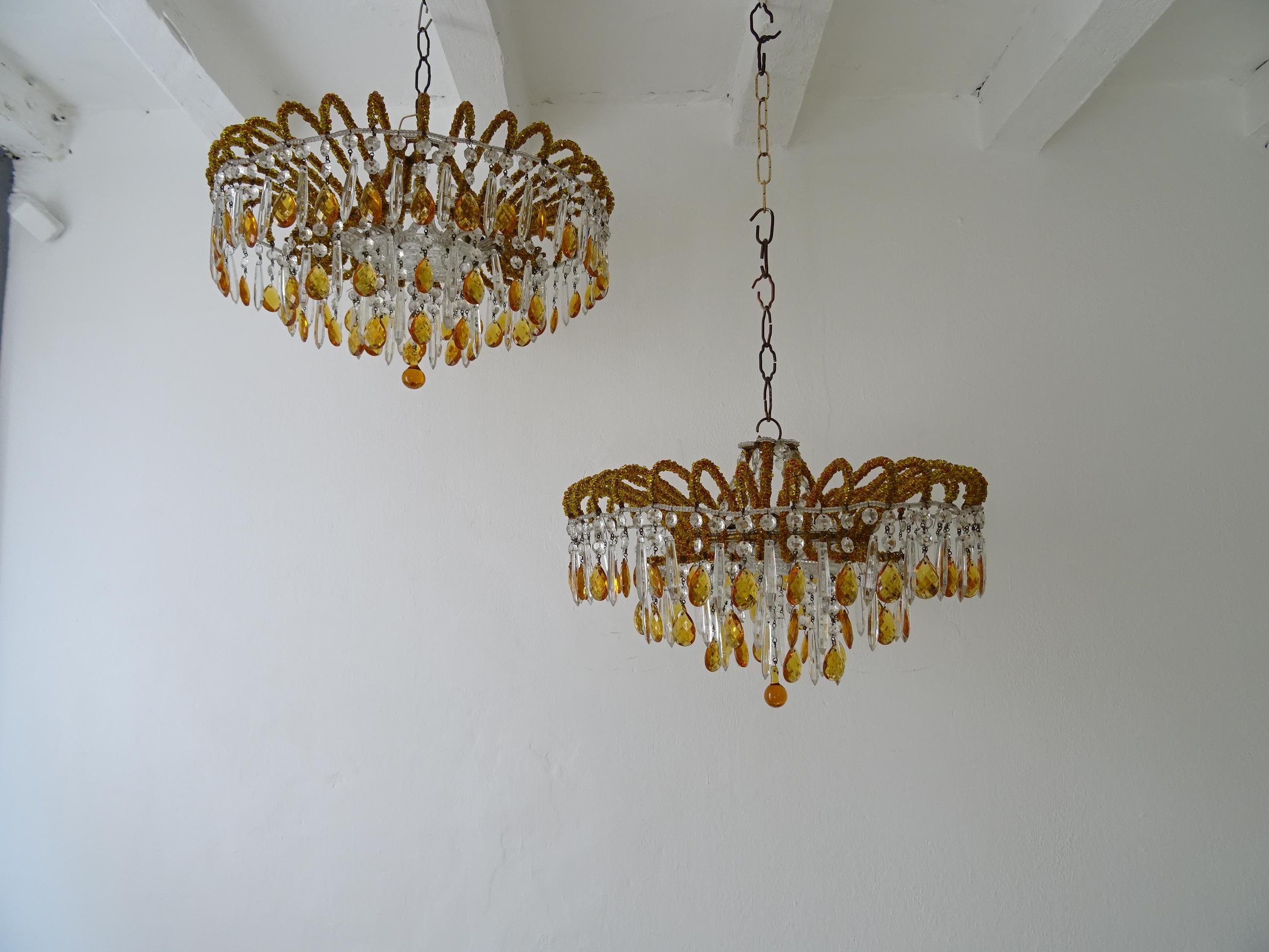 1 of 2 Italian Micro-Beaded Yellow Amber Flush Mount Crystal Prisms Chandelier For Sale 3