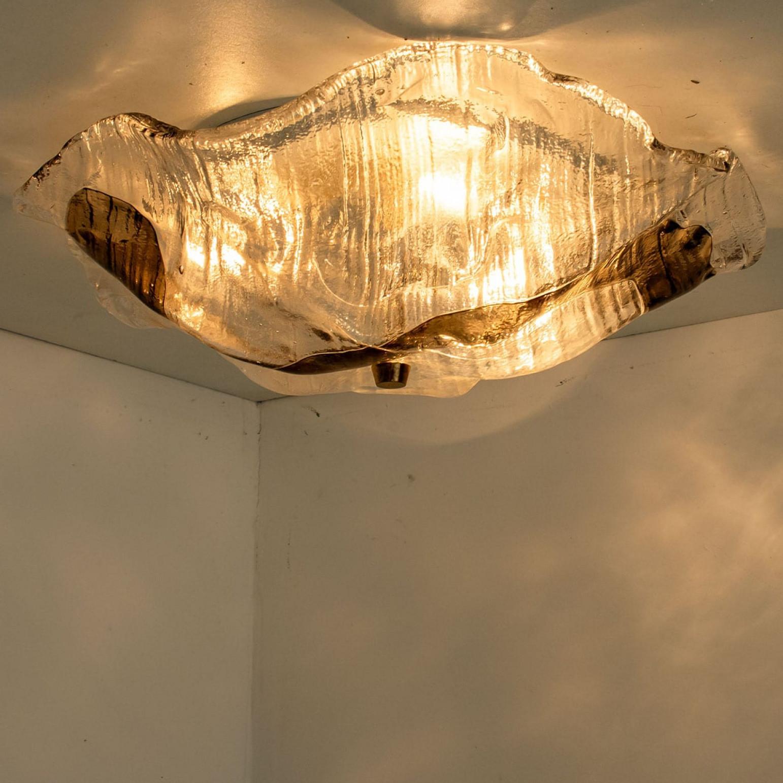 Hand-Crafted 1 of 2 J.T. Kalmar Franken Clear and Brown Glass Flush Mounts Wall Lights, 1960 For Sale