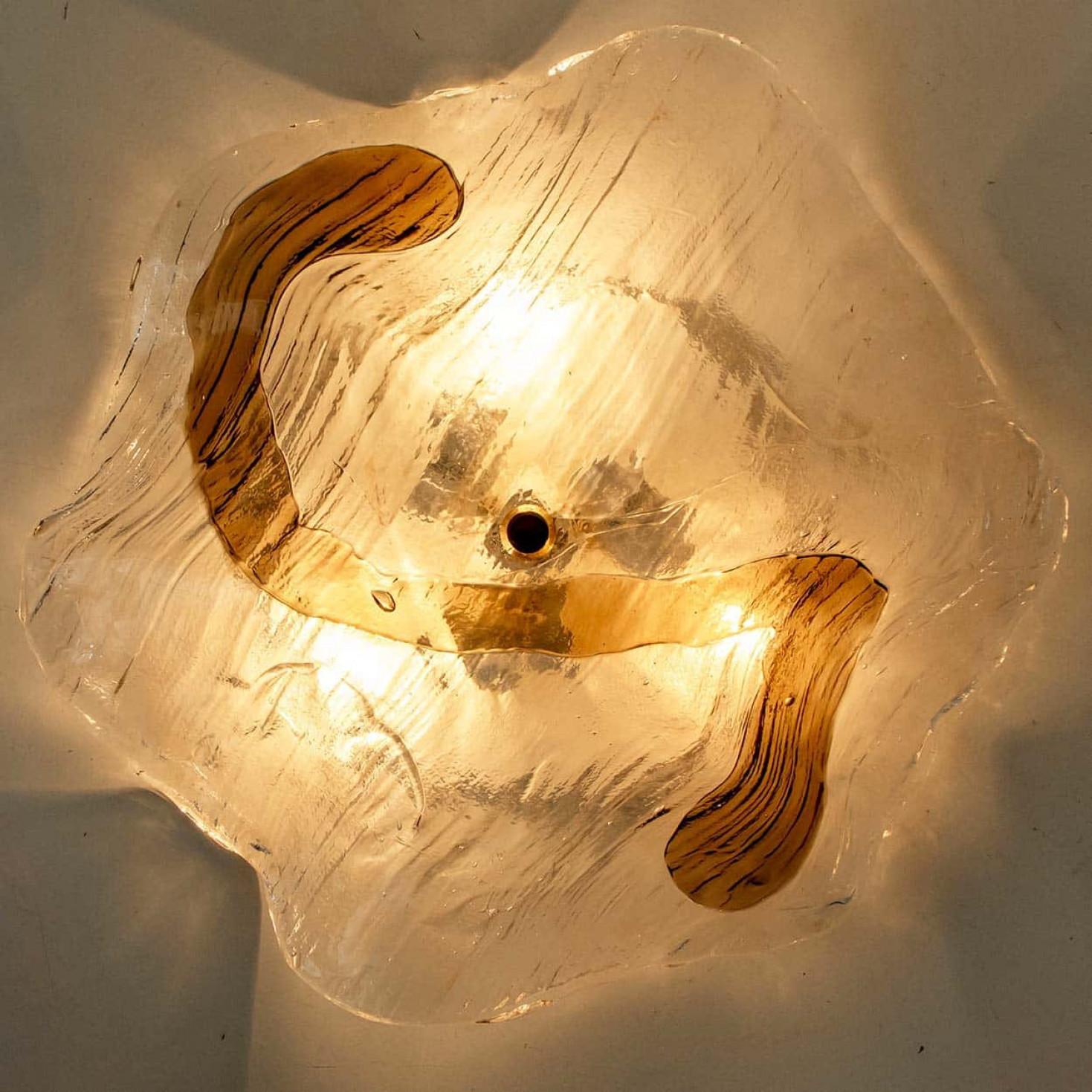 Metal 1 of 2 J.T. Kalmar Franken Clear and Brown Glass Flush Mounts Wall Lights, 1960 For Sale