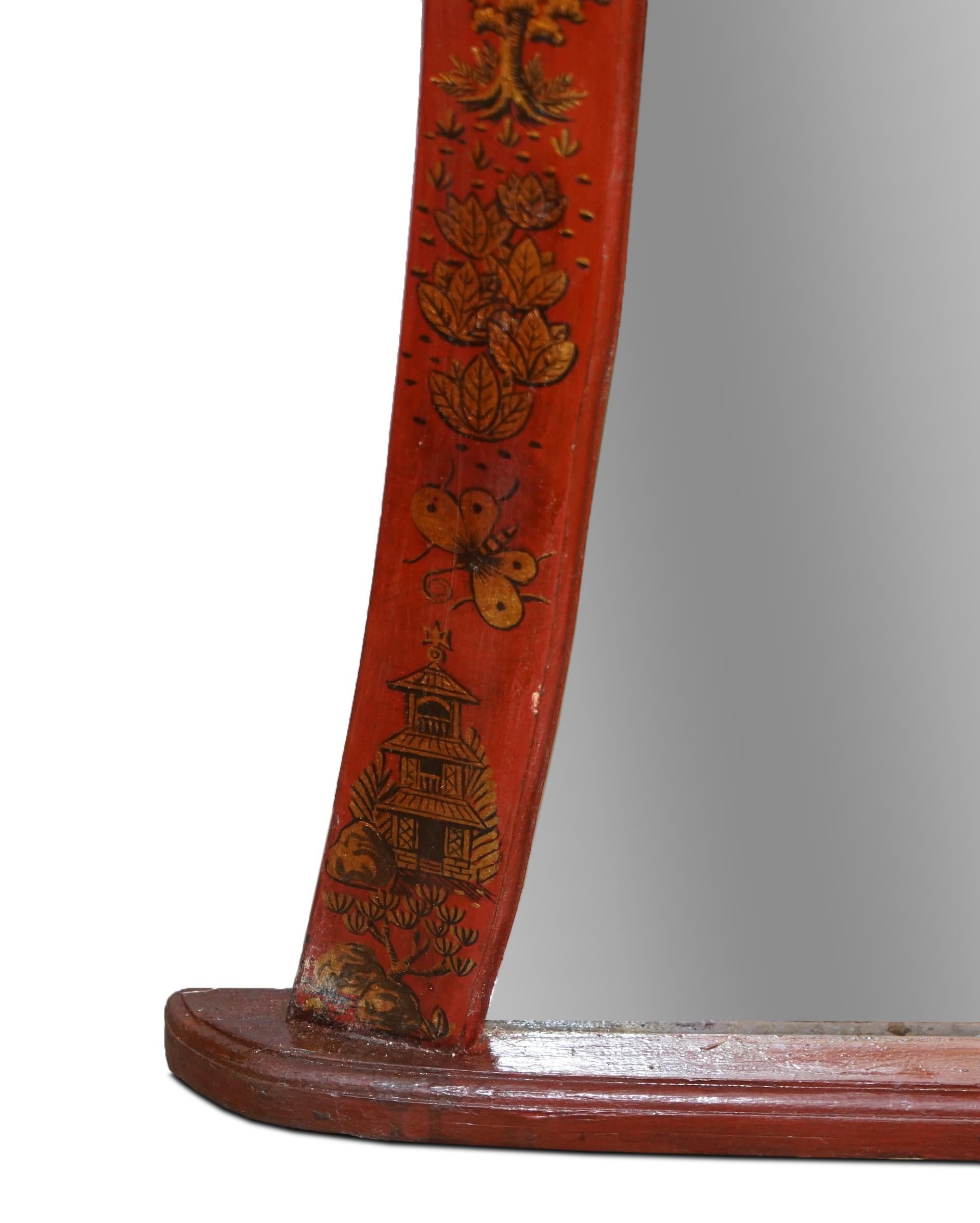 Large Red Lacquered Chinese Painted Chinoiserie Mirror For Sale 5